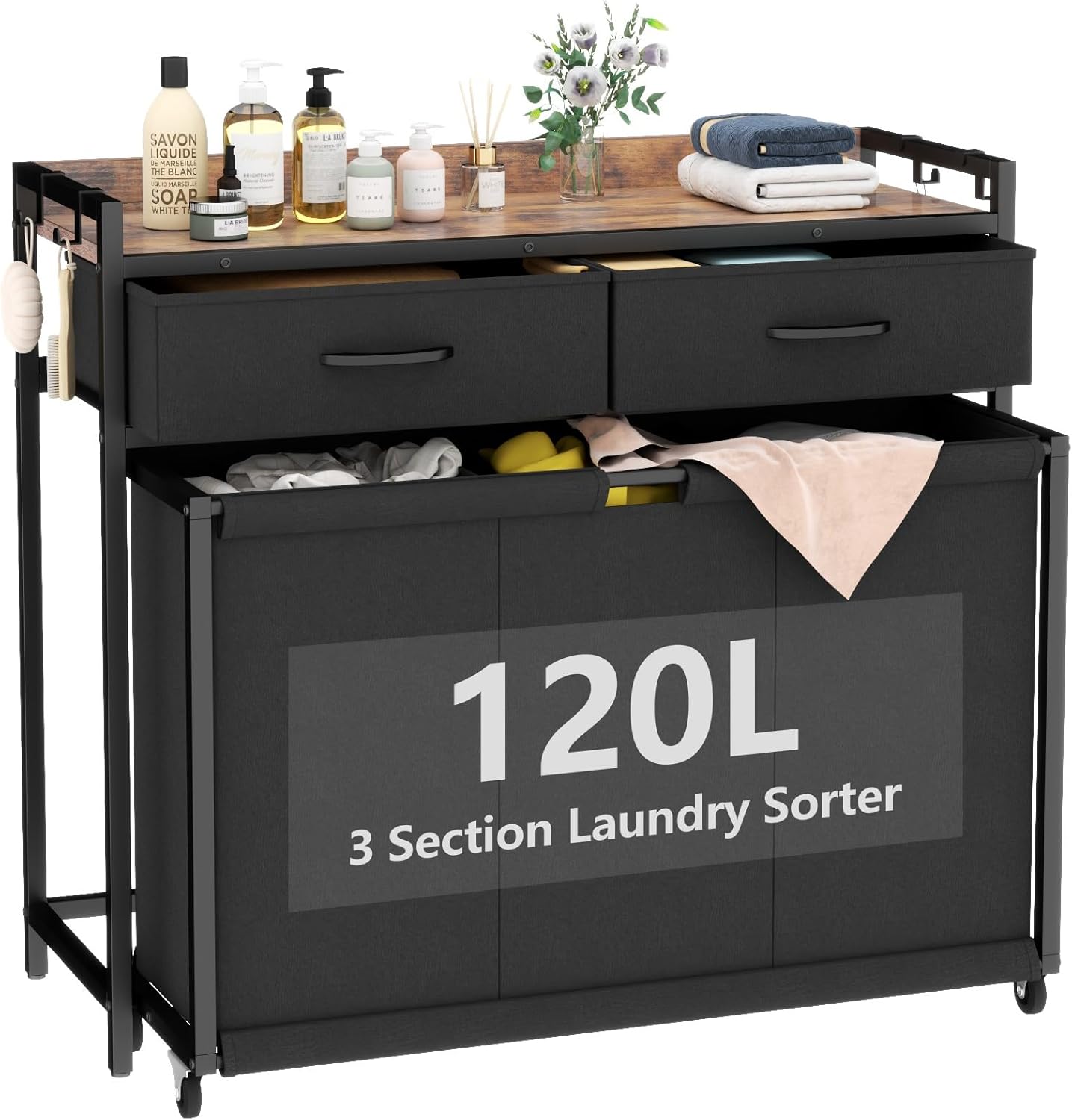 Laundry hamper with 3 sections 2 drawers rustic brown