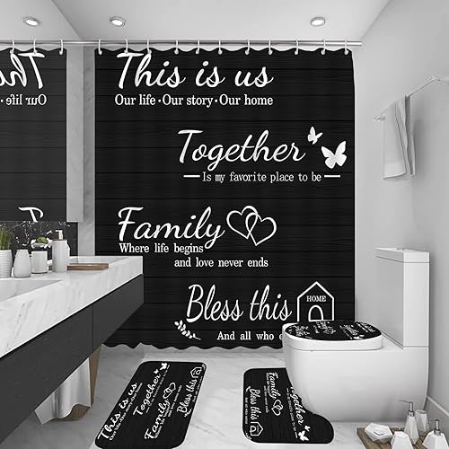 Miniatura 2 de juwute Juego de 4 cortinas de ducha familiares con alfombras antideslizantes, cubierta para tapa de inodoro y tapete de baño, accesorios de