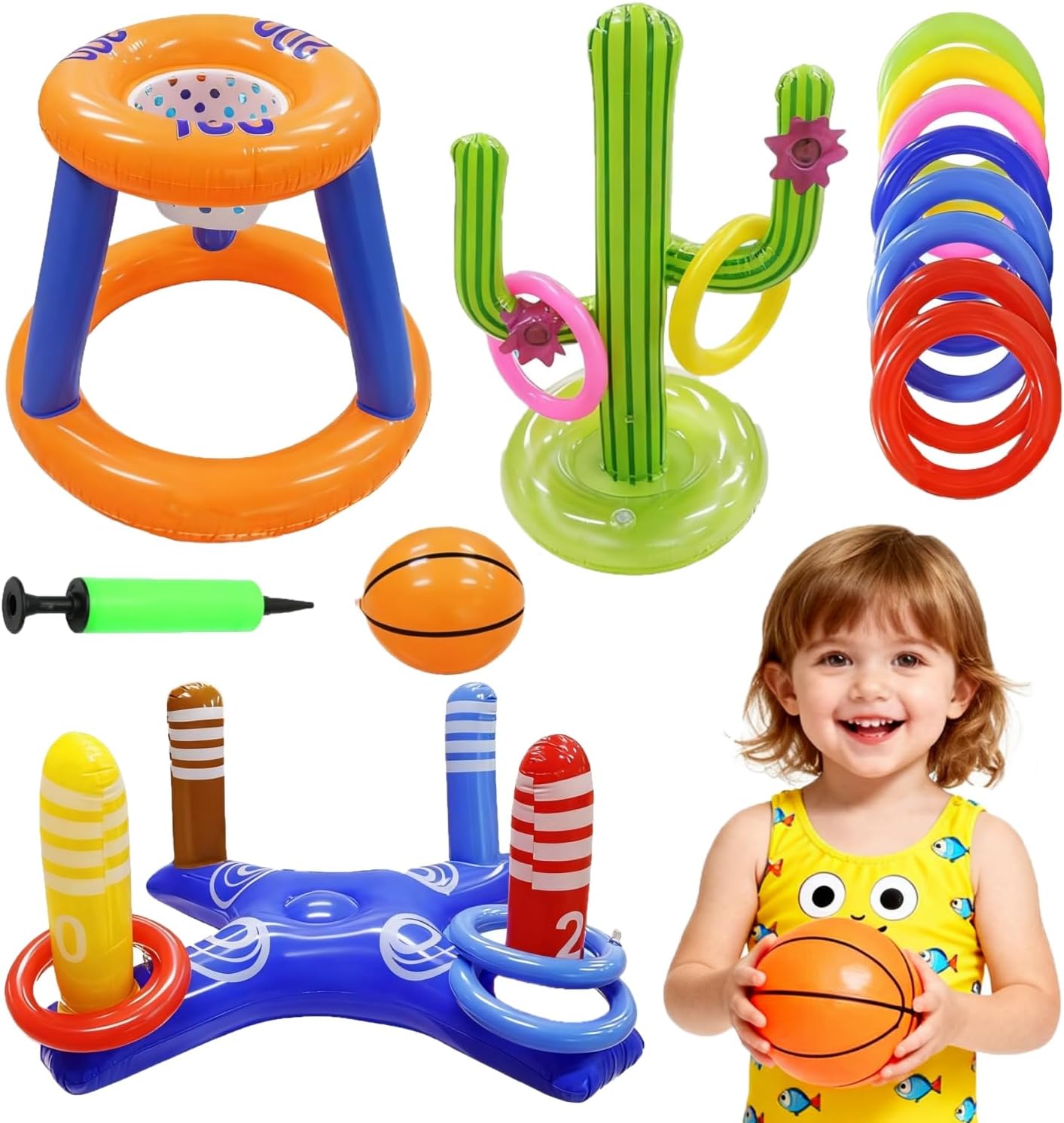 – 3 In 1 Pool Toys Games Set, Inflatable Basketball Hoop, Cactus Toss Game, Cross Toss Game, Small Basketballs, Pump, Kids Water Toys for Teens Adults Family