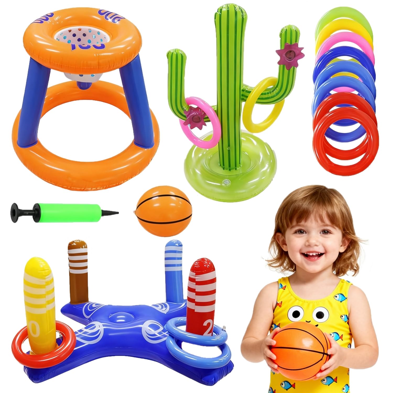 – 3 In 1 Pool Toys Games Set, Inflatable Basketball Hoop, Cactus Toss Game, Cross Toss Game, Small Basketballs, Pump, Kids Water Toys for Teens Adults Family