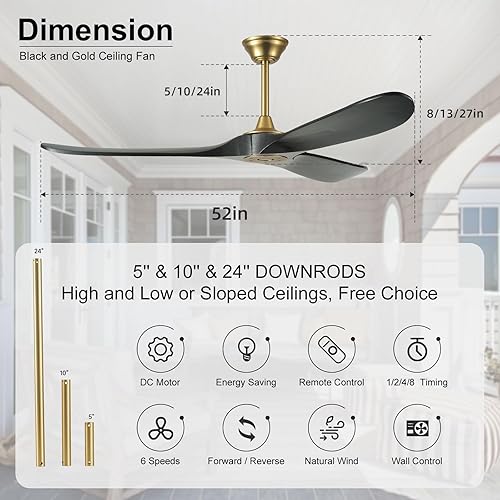 Miniatura 4 de YZEENM 52 Inch Black and Gold Ceiling Fan with Wall Control Switch and Remote Control, Modern Outdoor Ceiling Fans No Lights, 3 Blade Wood Propeller