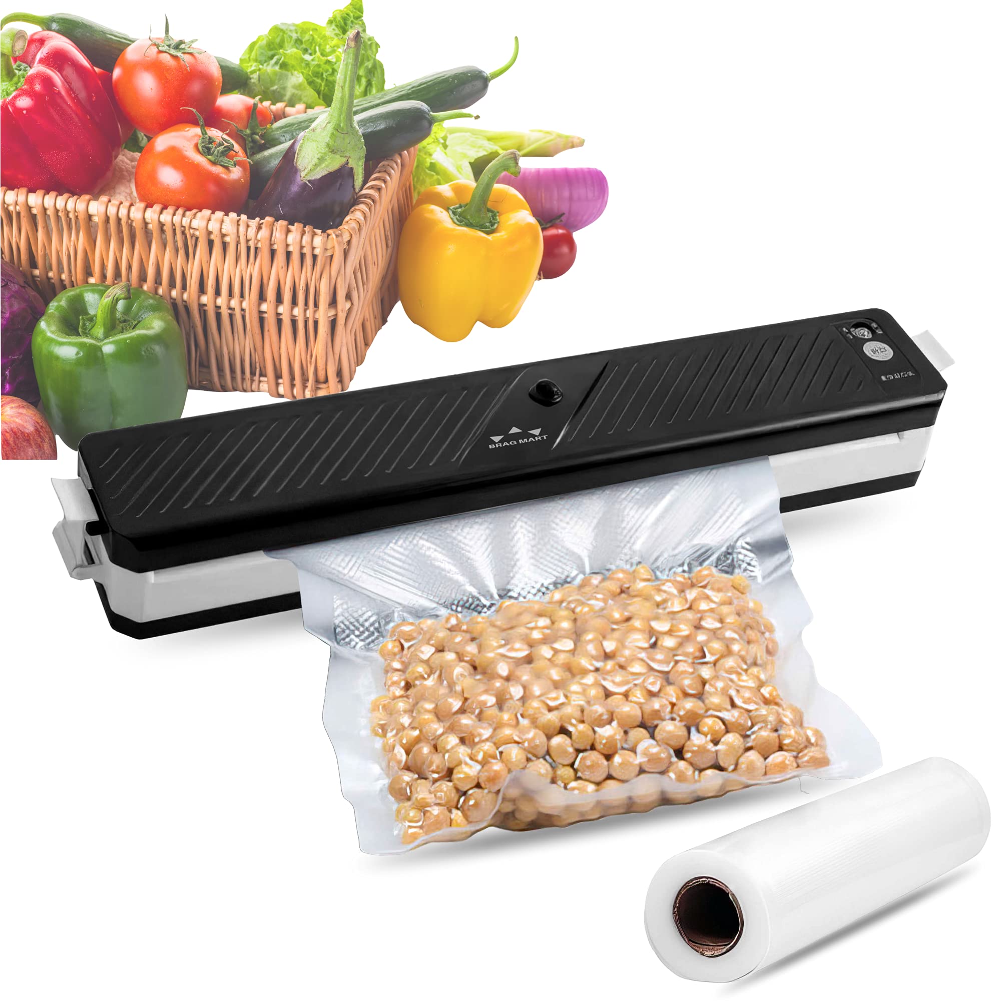 BRAGMART genriVacuum Sealer Machine with Automatic Bag Detection - Automatic Vacuum Sealing Machine - Compact Design - Dry & Moist Food Modes - Comes With 20 Pre-Cut Food Bags