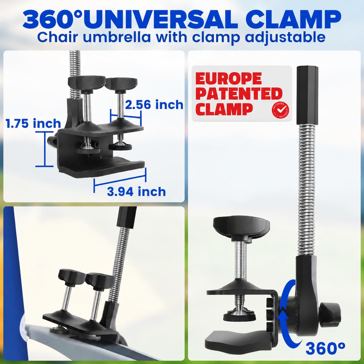 2er-Pack 124cm Sonnenschirm mit Klemme, 360° verstellbar, UPF 50+ UV-Schutz, großer Clip-On Schirm für Strandstuhl, Campingstuhl, Golftrolley und Tisch