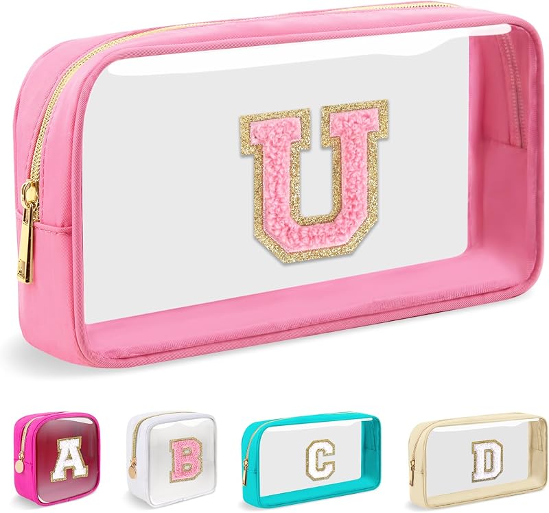 Necessaire de Maquiagem Transparente Iqimott com Letra Chenille, Nylon, Zíper, Rosa-Pink U