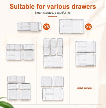 Desk Drawer Organiser,12 Pack Expandable Drawer Organizer Set, 2-Size Versatile Clear Kitchen Storage Box Trays, for Makeup, Office, Utensils, Gadgets and Bathroom, Cosmetics, Toiletries, Jewelry