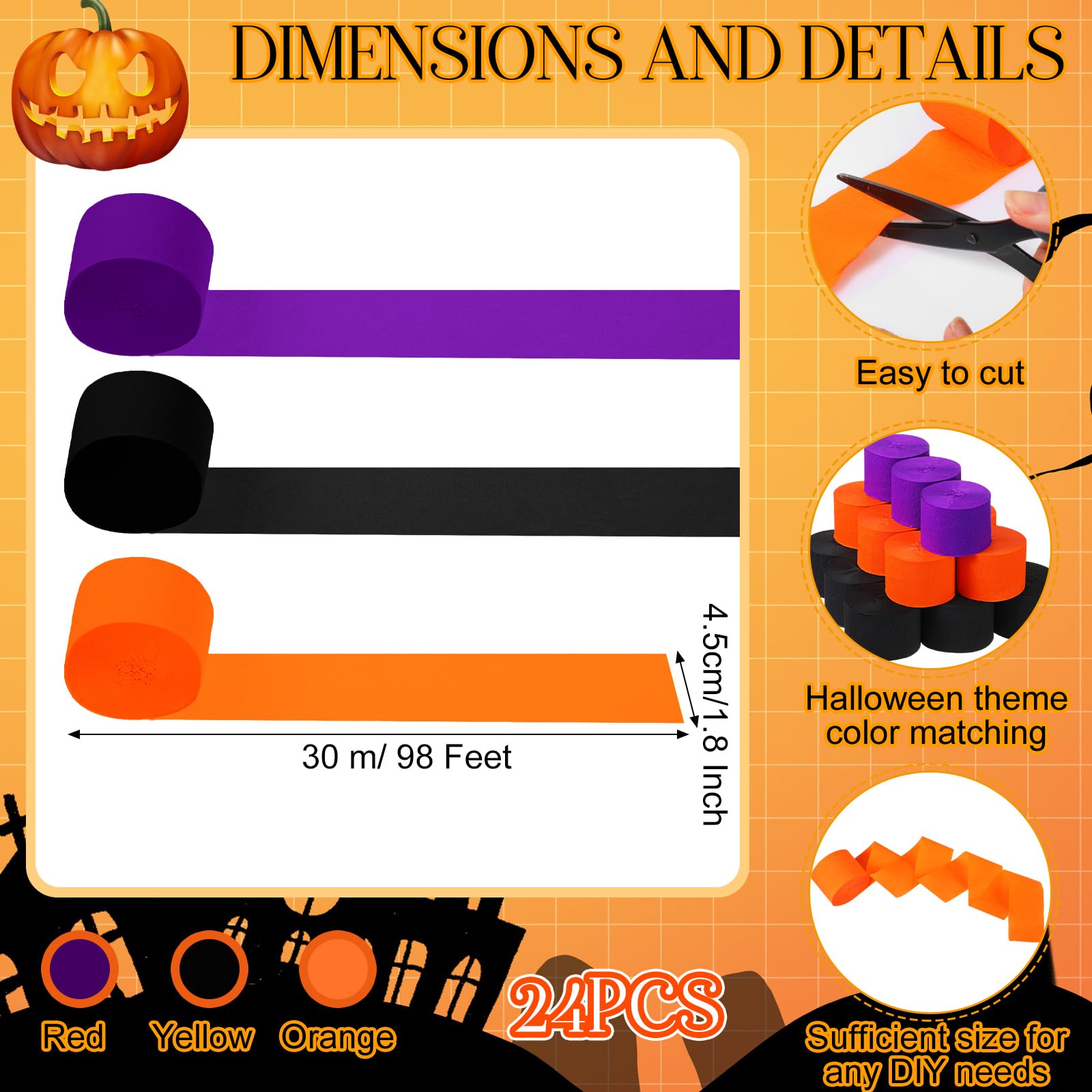 Sherr 24 rollos de serpentinas de papel crepé para colgar, decoración de fiestas, festividades para decoraciones artísticas, decoraciones de cumpleaños, decoraciones de boda (morado, naranja, negro,
