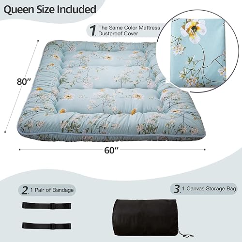 Miniatura 106 de MAXYOYO El mármol negro imprimió el futón japonés, la almohadilla de dormir espesa enrolla el colchón que acampa Mármol negro,Flor 1,floral azul