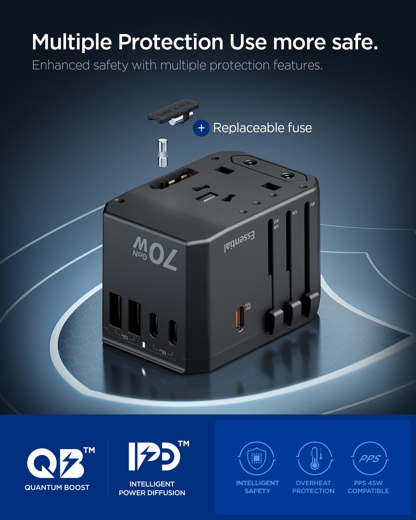 Spigen ArcStation Adattatore Universale da Viaggio 70W [5-Porte & PD] con 3 USB C e 2 USB A, Presa Universale da Viaggio per Inglese/Americana/Australia/Giappone, Viaggio Accessori Utili - Nero