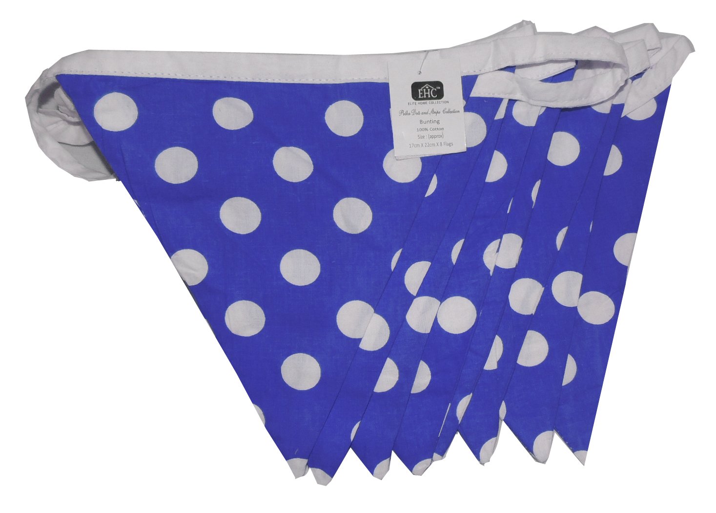 EHC 100% Cotton Reversible Polka Dot Bunting for Decoration, Party 8 Flags - 17 x 22 cm, Blue