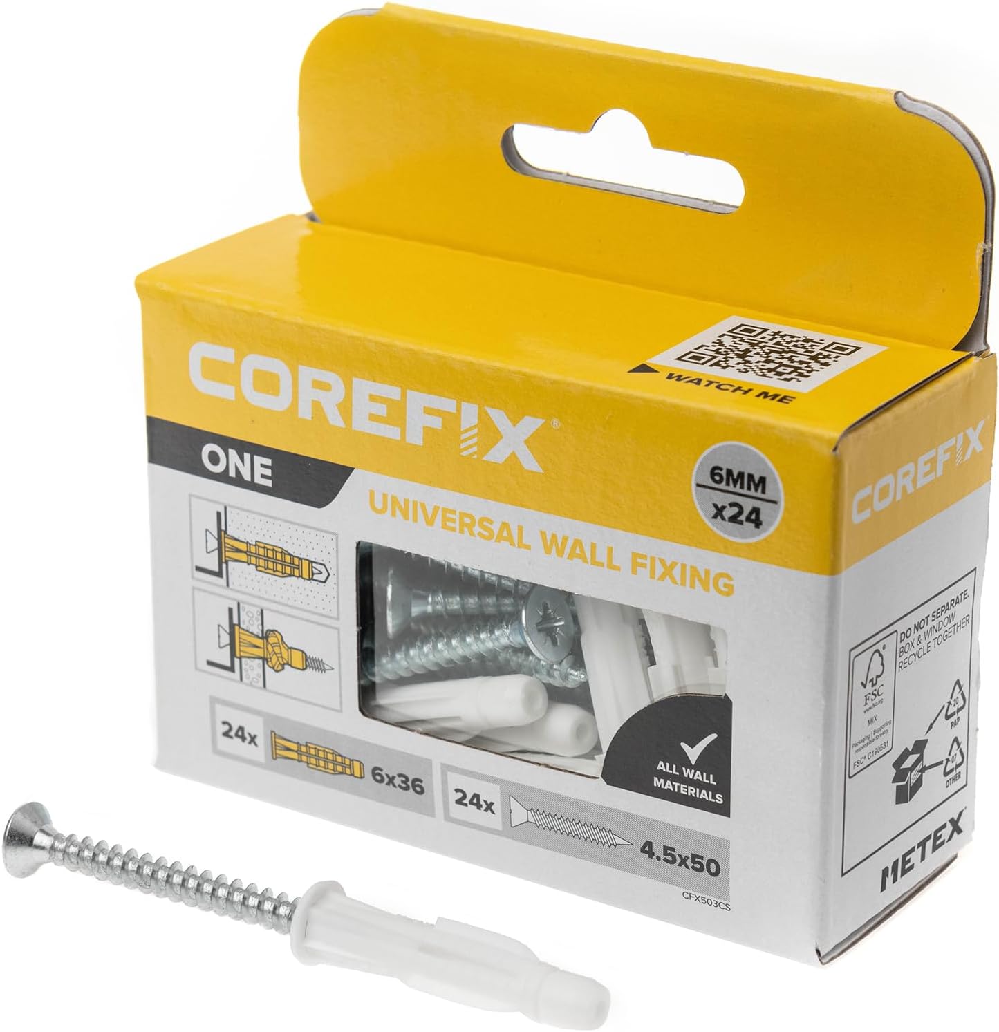 Corefix ONE Universal Wall Plugs & Screws Pack of 24, Medium Duty (60kg in masonry) Wall Fixing Suitable For All Wall Types. Perfect For Mounting Shelves, Hanging Pictures & Securing Electrical Boxes