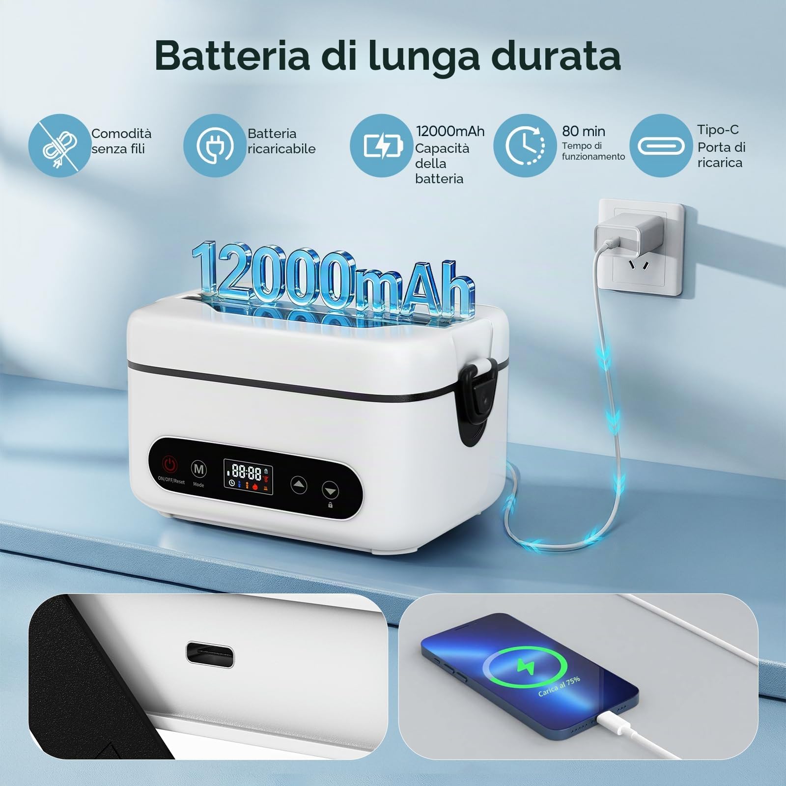 Scaldavivande Elettrico, 1.2L Scatola a pranzo Intelligente Riscaldante con Schermo Tattile, Scatola a Pranzo Riscaldante Senza Filo con Piatto in Acciaio Inossidabile e Sacco Isotermico