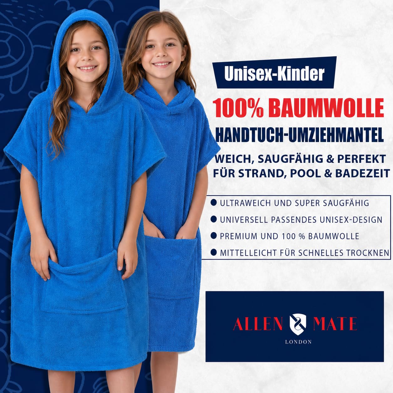 ALLEN & MATE 100% BAUMWOLLE Kinder-Strandtuch-Poncho – Übergroßer, schnelltrocknender Bademantel zum Umziehen mit Kapuze und Tasche für Jungen und Mädchen