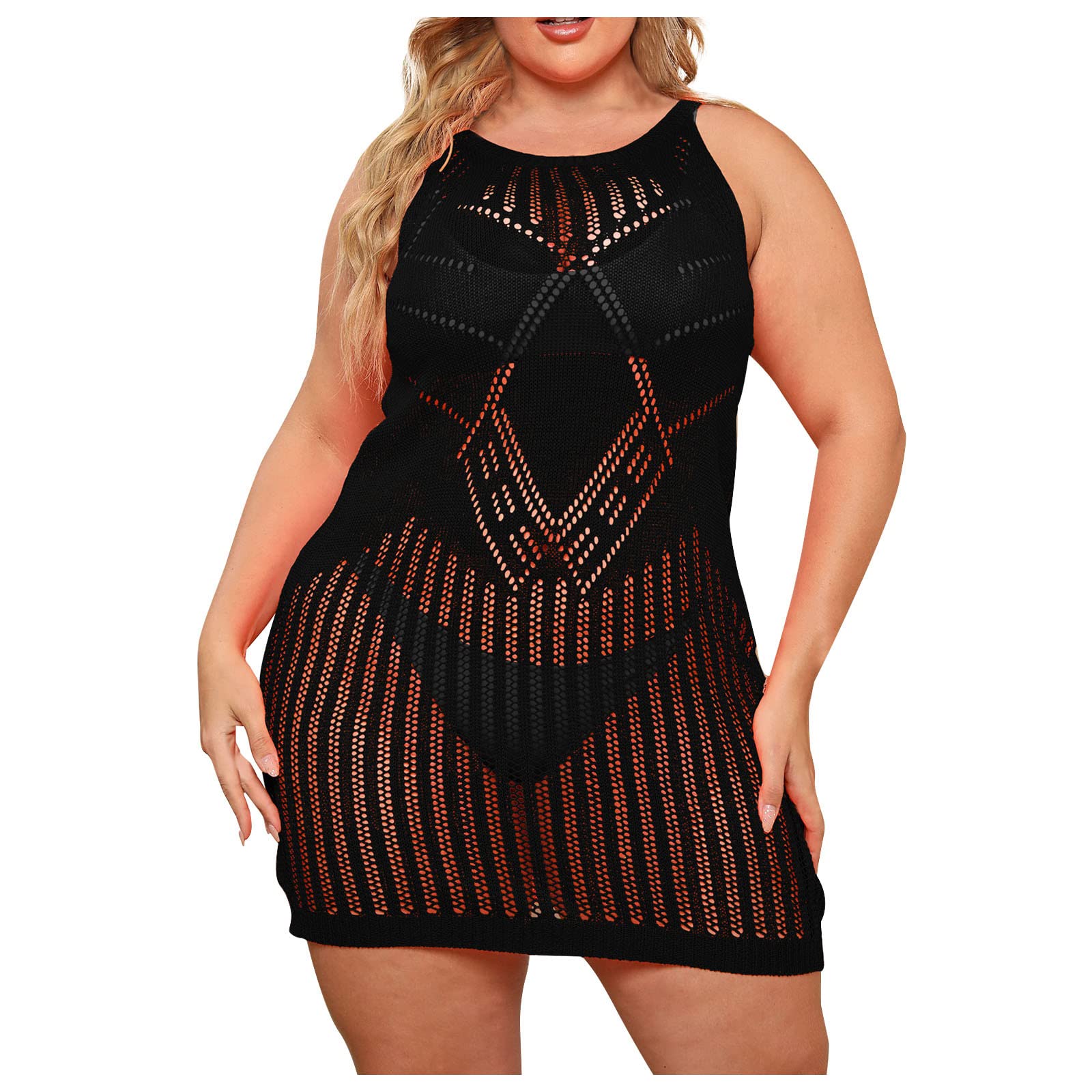 Plus Size Swimwear Cover Ups for Women Sexy Crochet Lace Beach Dress Bathing Suit Sleeveless Pool Coverups Swimsuit