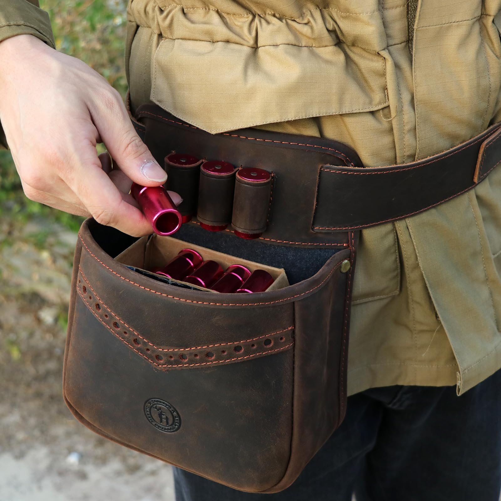 TOURBON Estuche para cinturón de Cartucho de Cuero Genuino Bolsa para Tiro de Arcilla Soporte para Carcasa de Escopeta 12GA