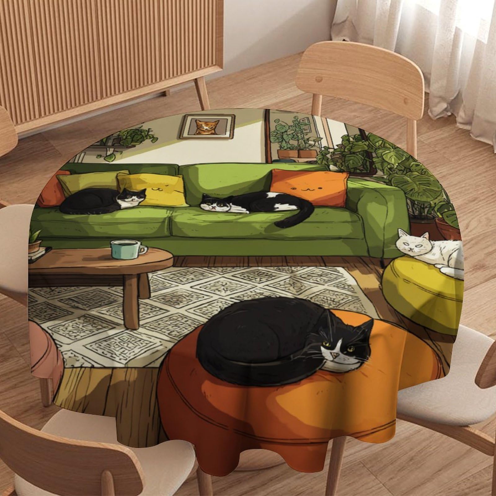 LUYYSKY Modern Classic Cute Cats Round Tablecloth Modern Room Aesthetic Botanical Plants Animals Kittens Print Washable Decor for Table Cover for Kitchen-60 Wx60 L