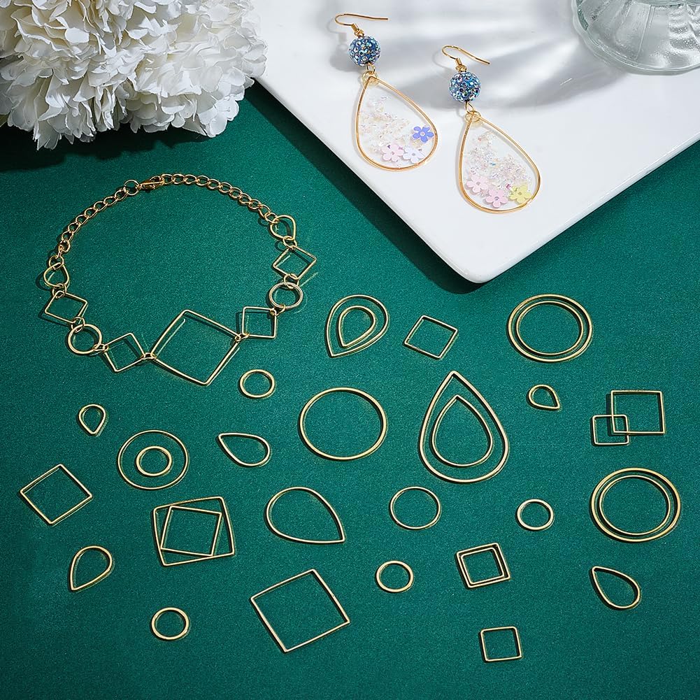 PH PandaHall 300pcs 3 Styles Earring Hoops for Jewelry Making, 4 Sizes Open Bezels Resin Bezels Round Earring Hoop Square Earring Beading Hoops Teardrop Linking Rings for Resin Earring Necklace Crafts - Image 4