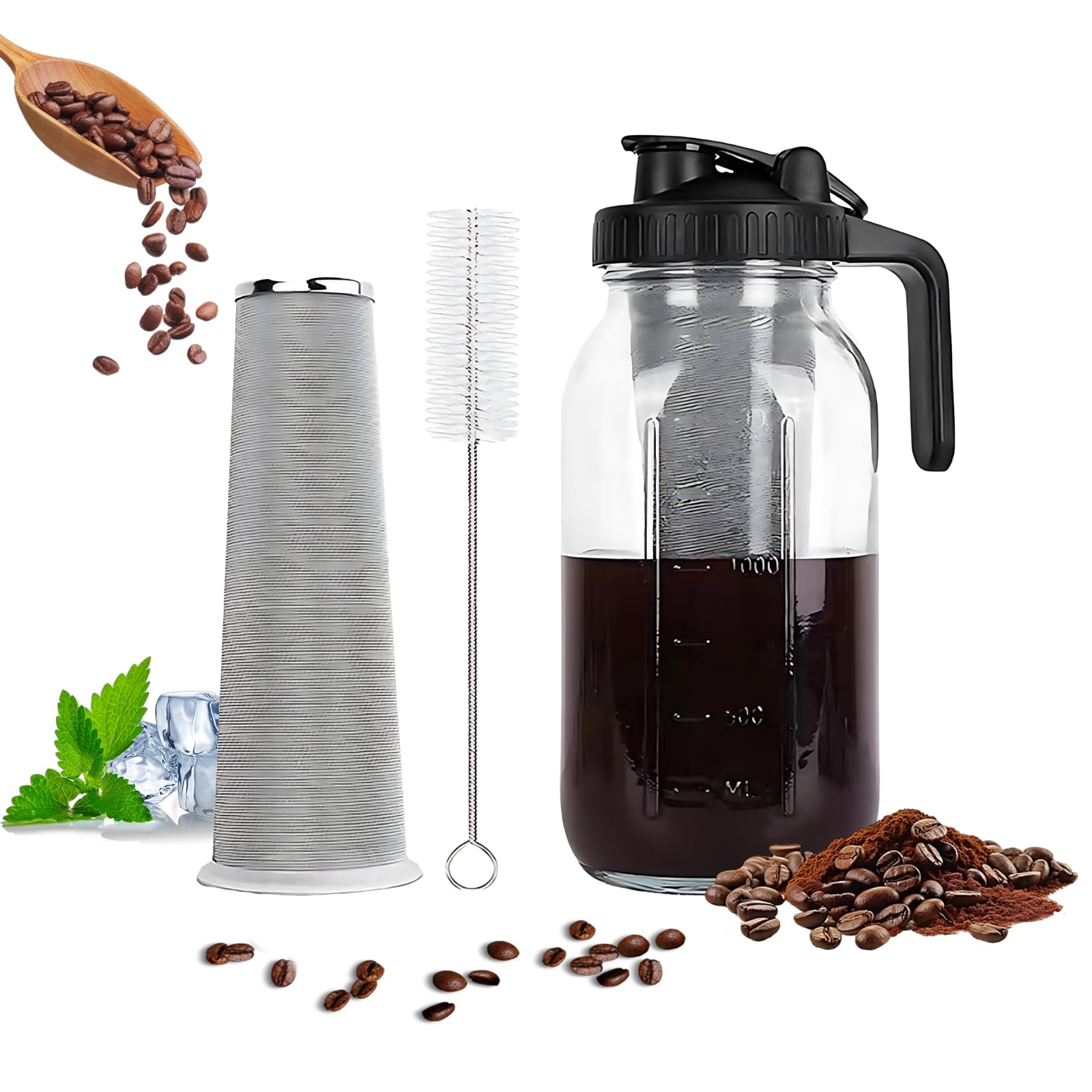 Carafe Cold Brew 2 L/60 Oz avec Couvercle et Filtre Acier Inoxydable Machine à Café Froid