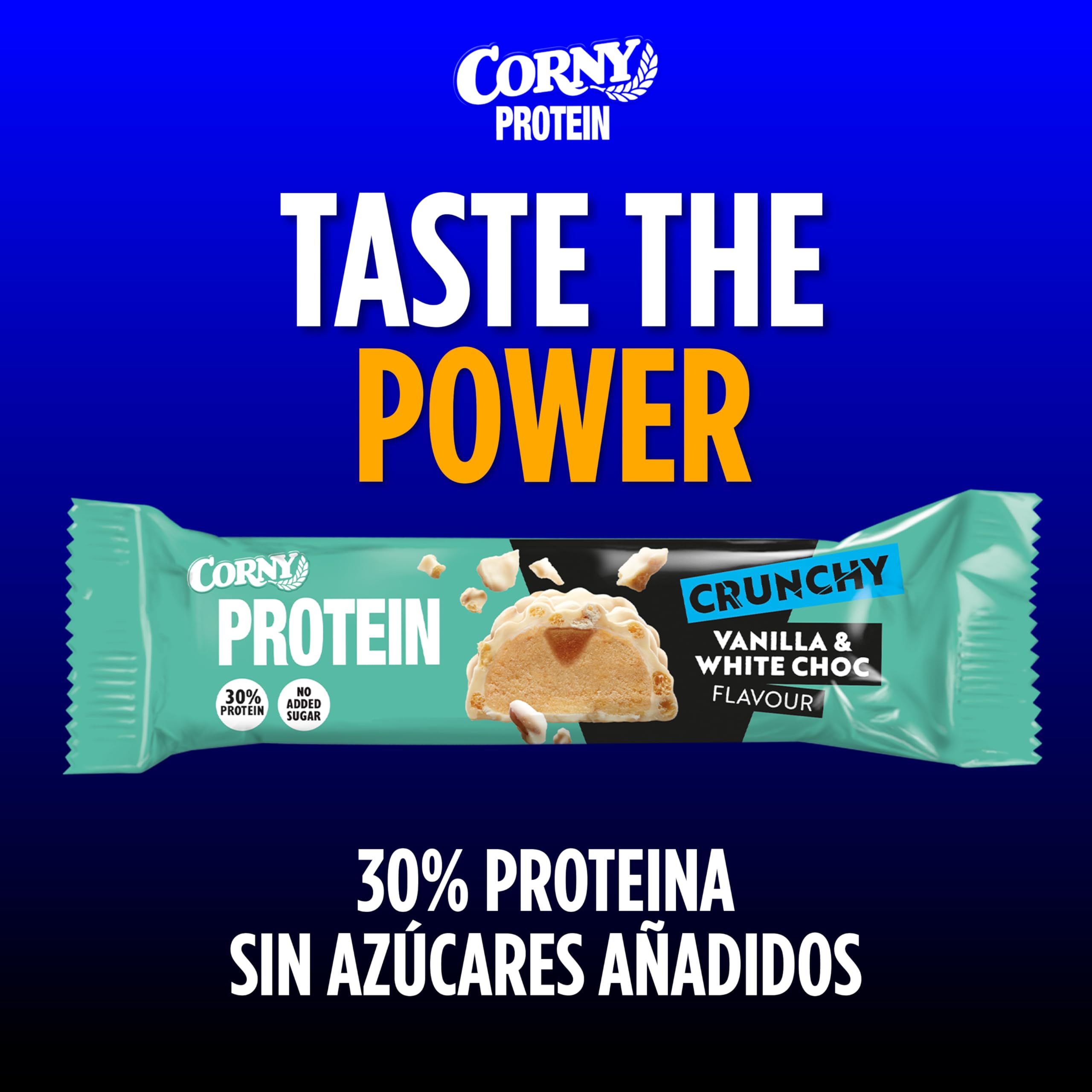 Barritas de Proteínas, Corny Protein, Crunchy Chocolate Blanco Sabor Vainilla, 13,5 gr de Proteínas, 0% Azúcares Añadidos - Pack 12x45 g Taste the Power