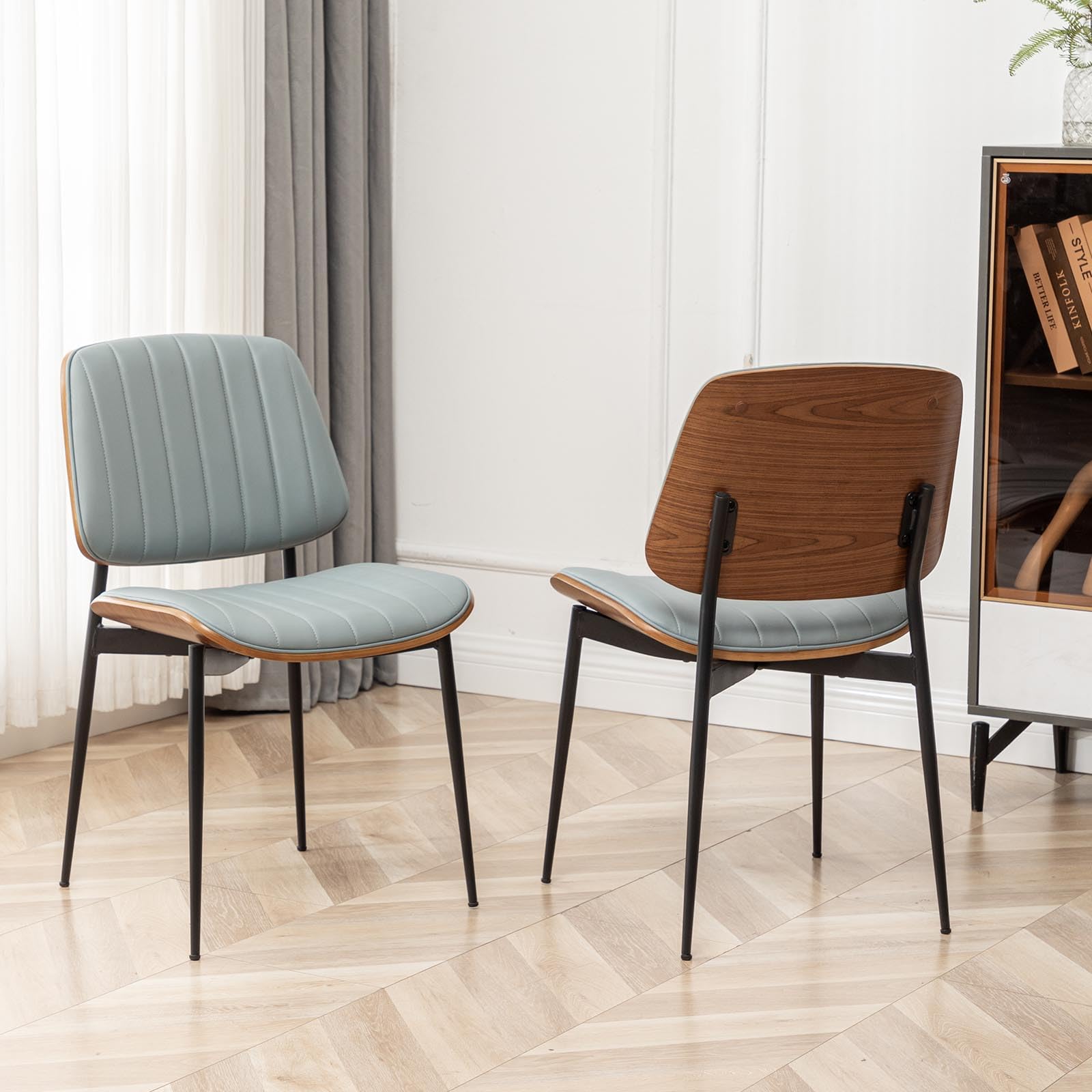 LUNLING Dining Chairs Set of 2,Mid Century Modern Retro Faux Leather Chair with Walnut Bentwood Upholstered Seat Metal Legs Adjustable Foot for