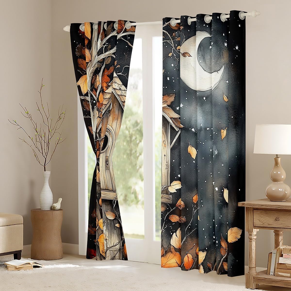 Vintage Wooden Mailbox Curtains,Autumn Leaves Branches Window Curtain,Moonlit Night Window Treatment Curtain for Kids Boys Girls Adult Room Decor,Rustic Farmhouse Window Drapes,2 Panels,42Wx63L