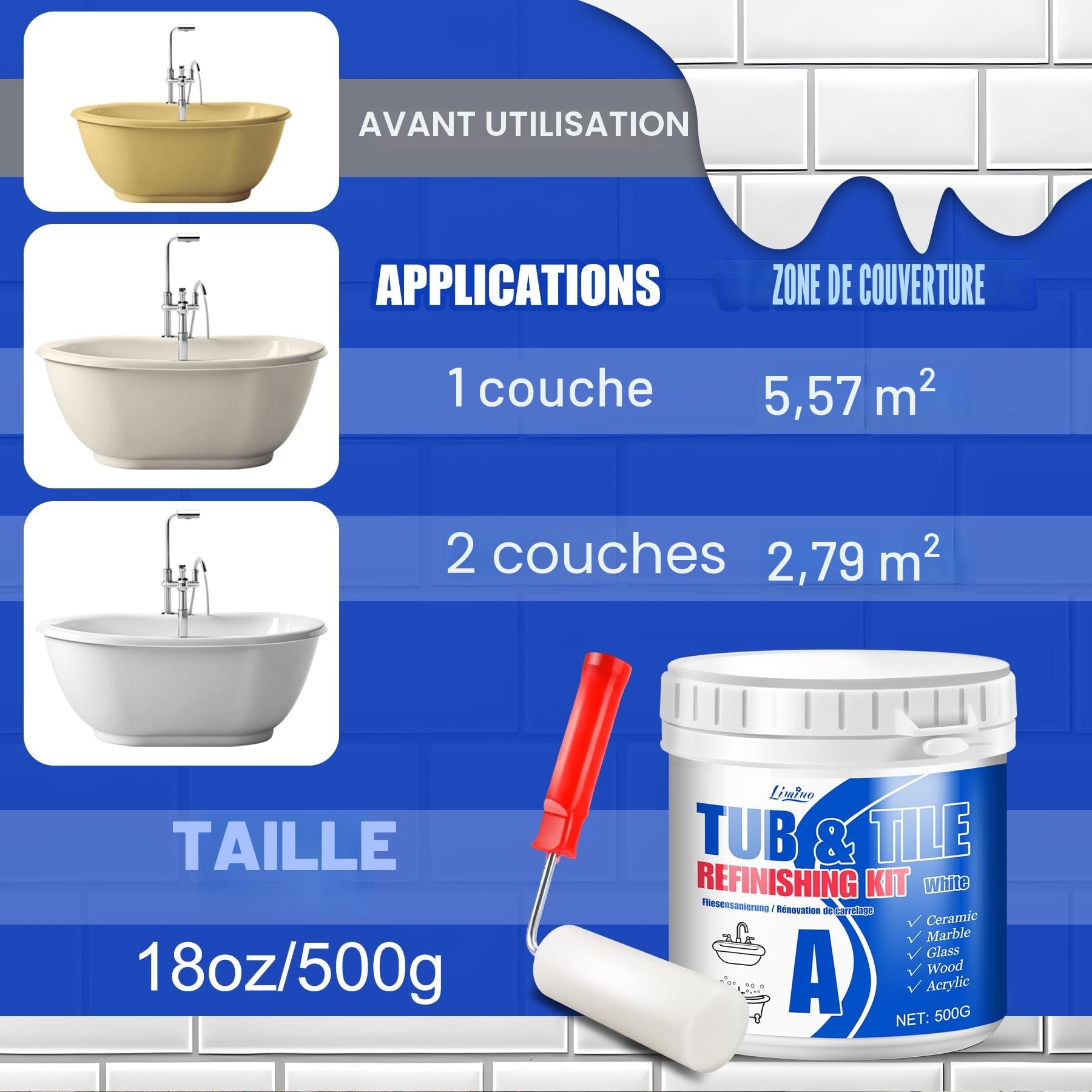 Kit de Rénovation de Baignoire et Carrelage - Peinture pour Carrelage Blanc Satiné avec Outils pour Baignoire, Lavabo, Plan de Travail pour Salle de Bain et Cuisine, Céramique, Porcelaine (500g)