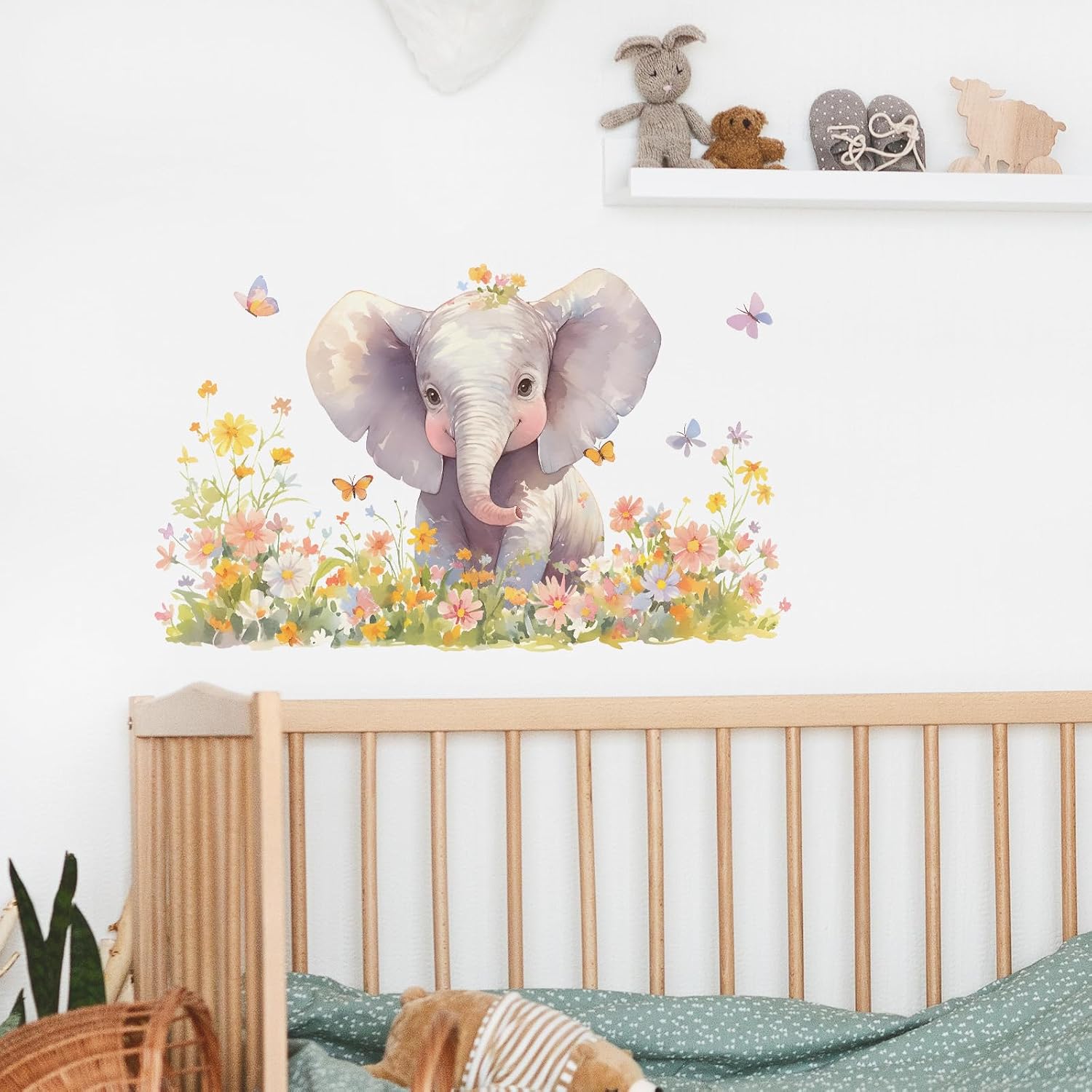 Baby Elephant Floral Wall Decals Removable African Animal Vinyl Stickers for Nursery Kids Bedroom and Playroom Decor Peel and Stick Watercolor Wall Art