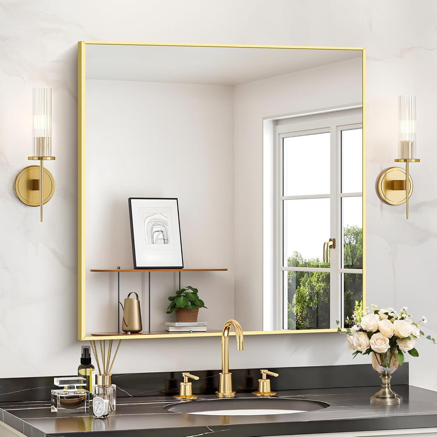 Gold Bathroom Mirror for Wall, 30x30 Inch Rectangle Mirrors with Metal Frame, Modern Vanity Wall Mirror Decor for Bathroom Living Room, Entryway Hangs Horizontal or Vertical Gold 30"L x 30"W