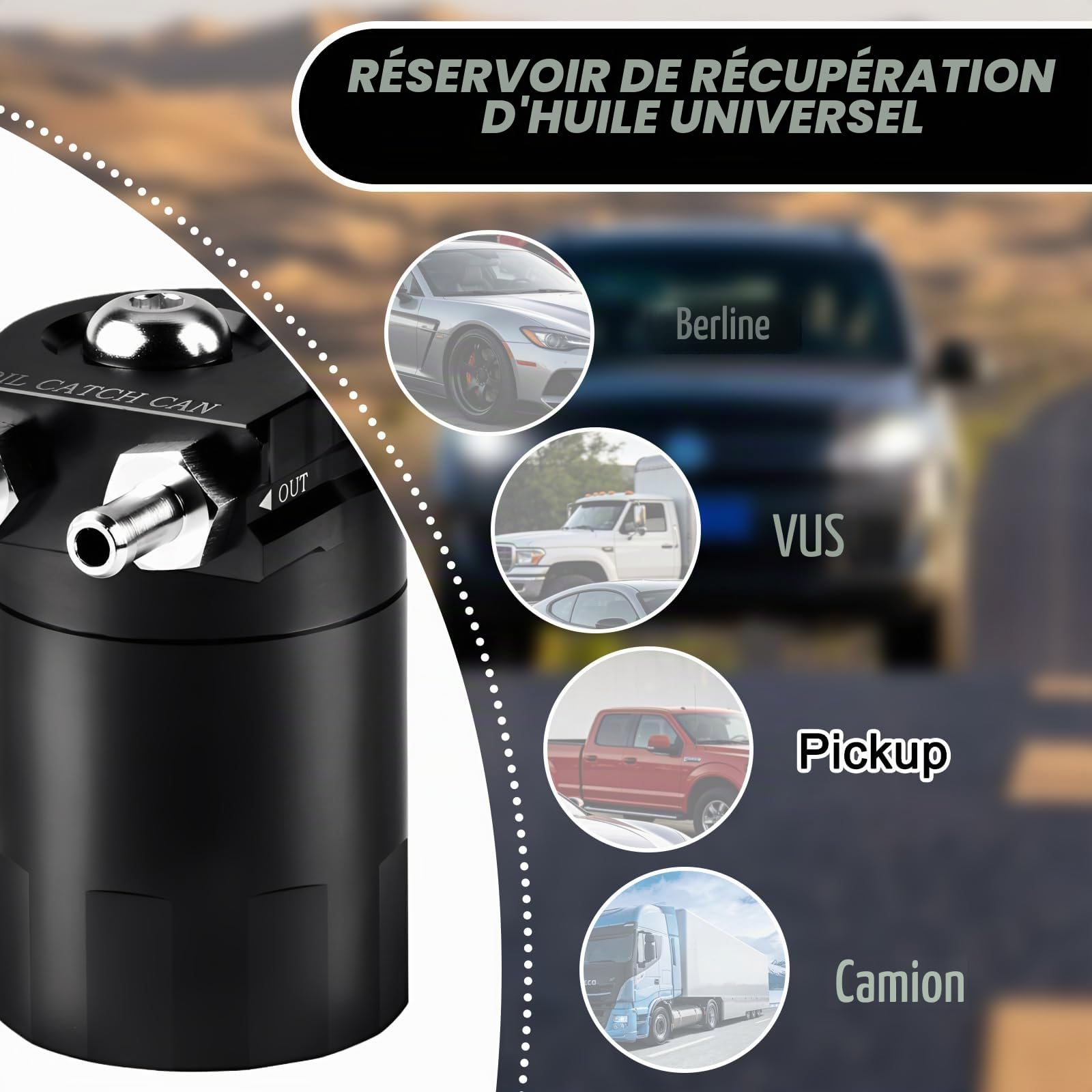 Récupérateur huile moteur, universel oil catch can, 300ml réservoir de récupération en aluminium des vapeurs d'huile moteur Réservoir de Stockage D'huile avec filtre à air, tuyau et accessoires