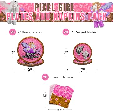 Blue Orchards Pixel Girl Party Plates and Napkins (60 pieces for 20 Guests) - Girl Party Supplies, Video Game Birthday Decorations for girls, Mining Craft Party, Pixel Miner Party