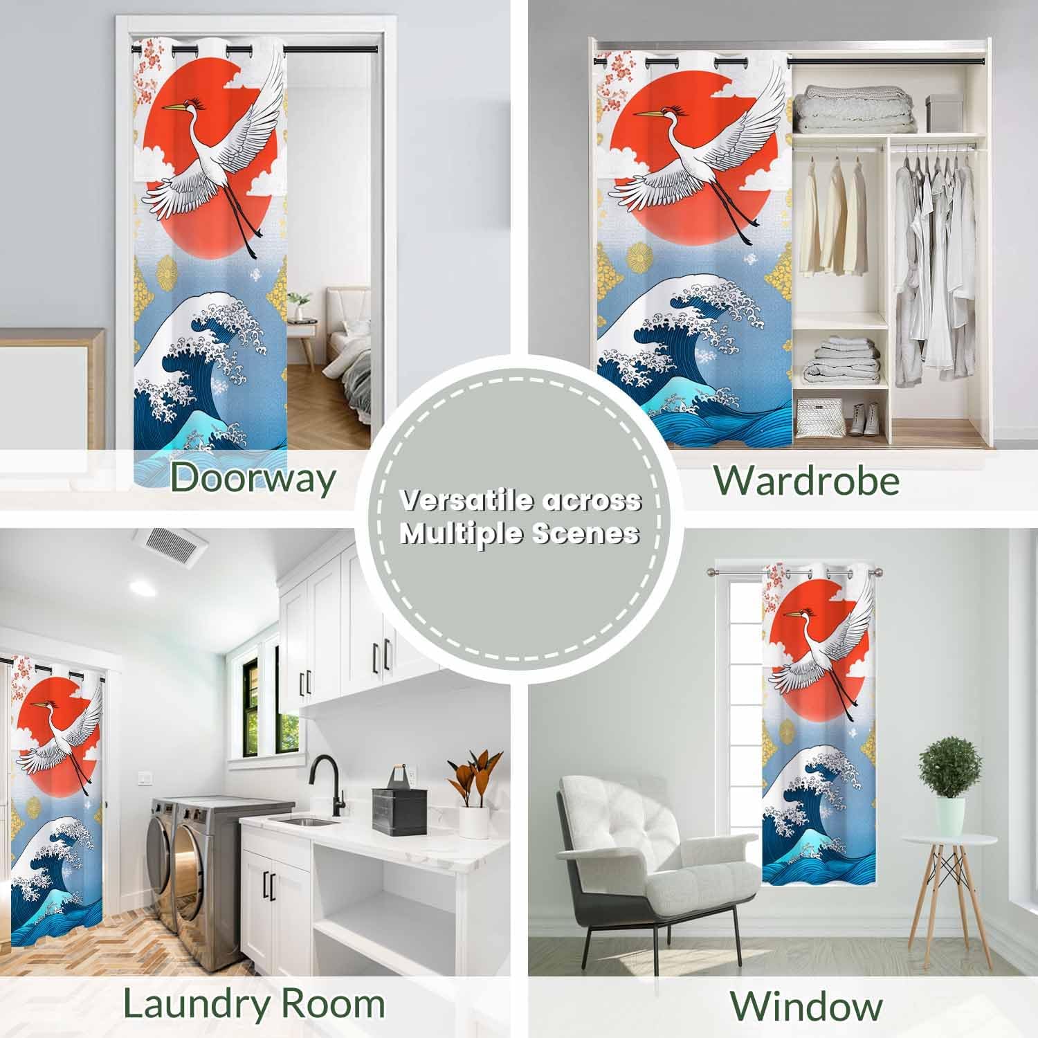 Japanese Wave Doorway Curtains Cherry Blossoms White Crane Cloud Sun Doorway Privacy Blackout Curtain Door Dividers Closet Door Cover Curtain 34" W X 80" L,1 Panel