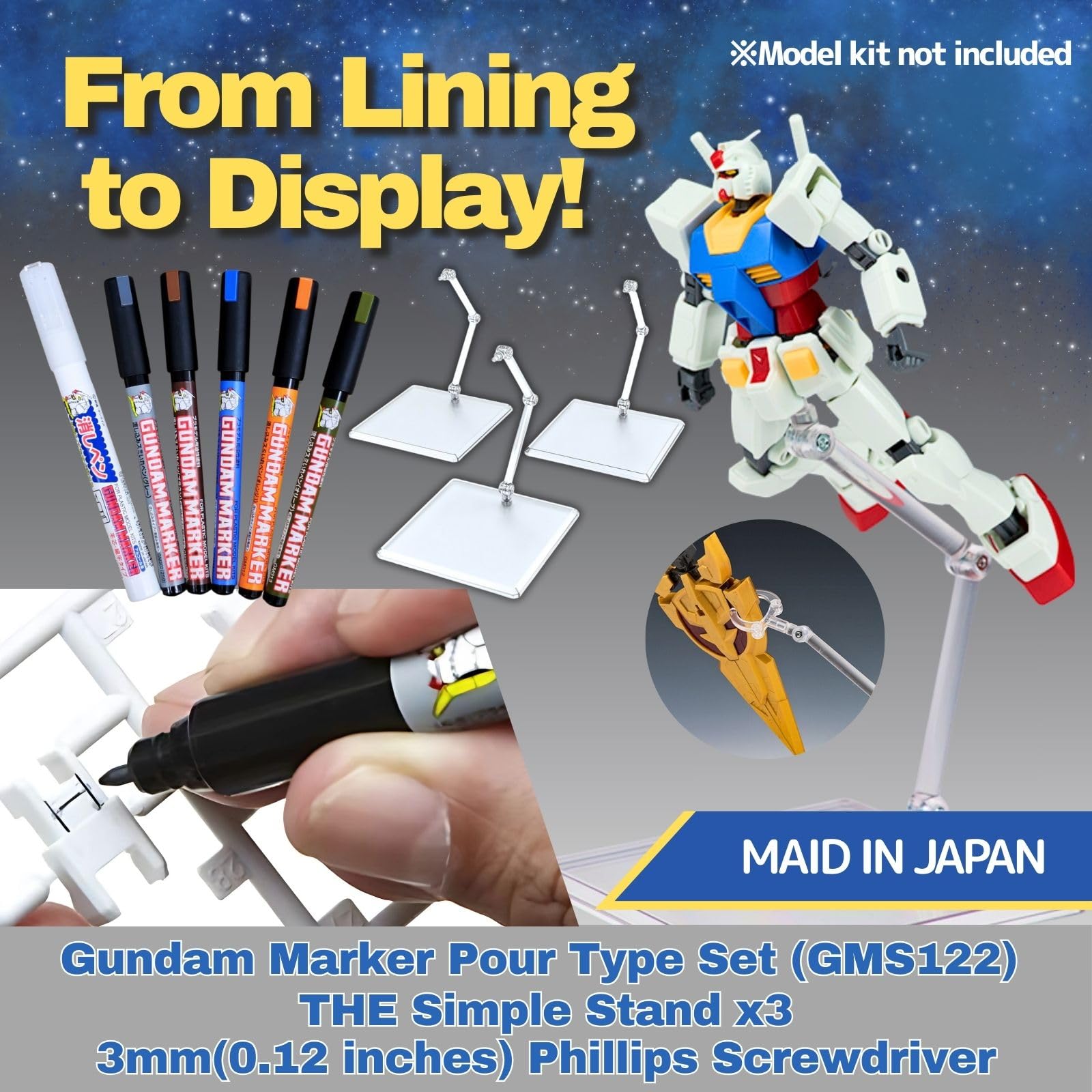 GSI Creos Marker Set & The Simple Stand (for Figures & Models) 3Piece Display Stand Set & 3mm(0.12 inches) Phillips Screwdriver (GMS122 Pour-Type Panel Liner Marker Set) - Image 2