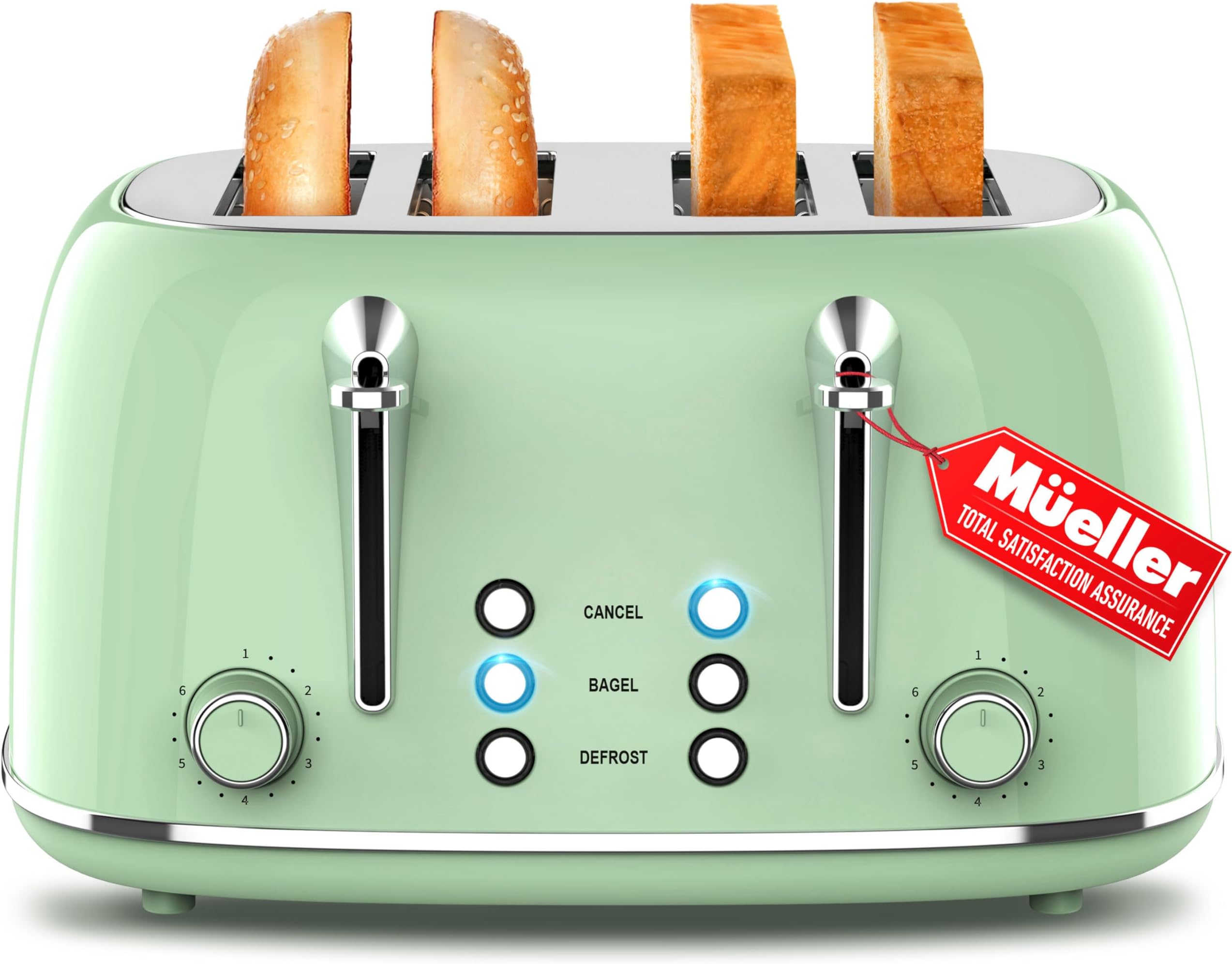 Mueller Retro Toaster 4 Slice with Extra Wide Slots Bagel, Defrost, and Cancel Function, 6 Browning Levels, Dual Independent Controls, Removable Crumb Tray and High Lift Levers, Sage Green