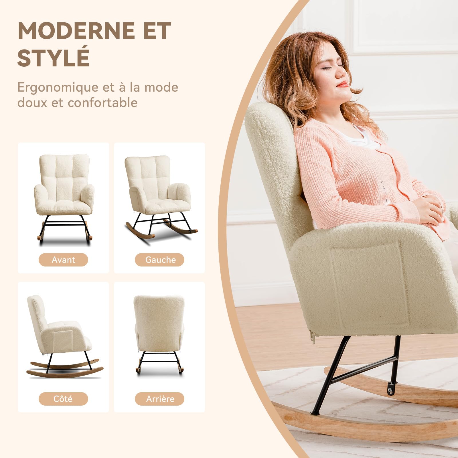 COMHOMA Fauteuil à Bascule, Fauteuil de Relaxation, avec accoudoirs, en Peluche Peluche, Charge maximale : 150 kg, Chaise Longue de Jardin pour Chambre, Beige avec Repose-Pieds
