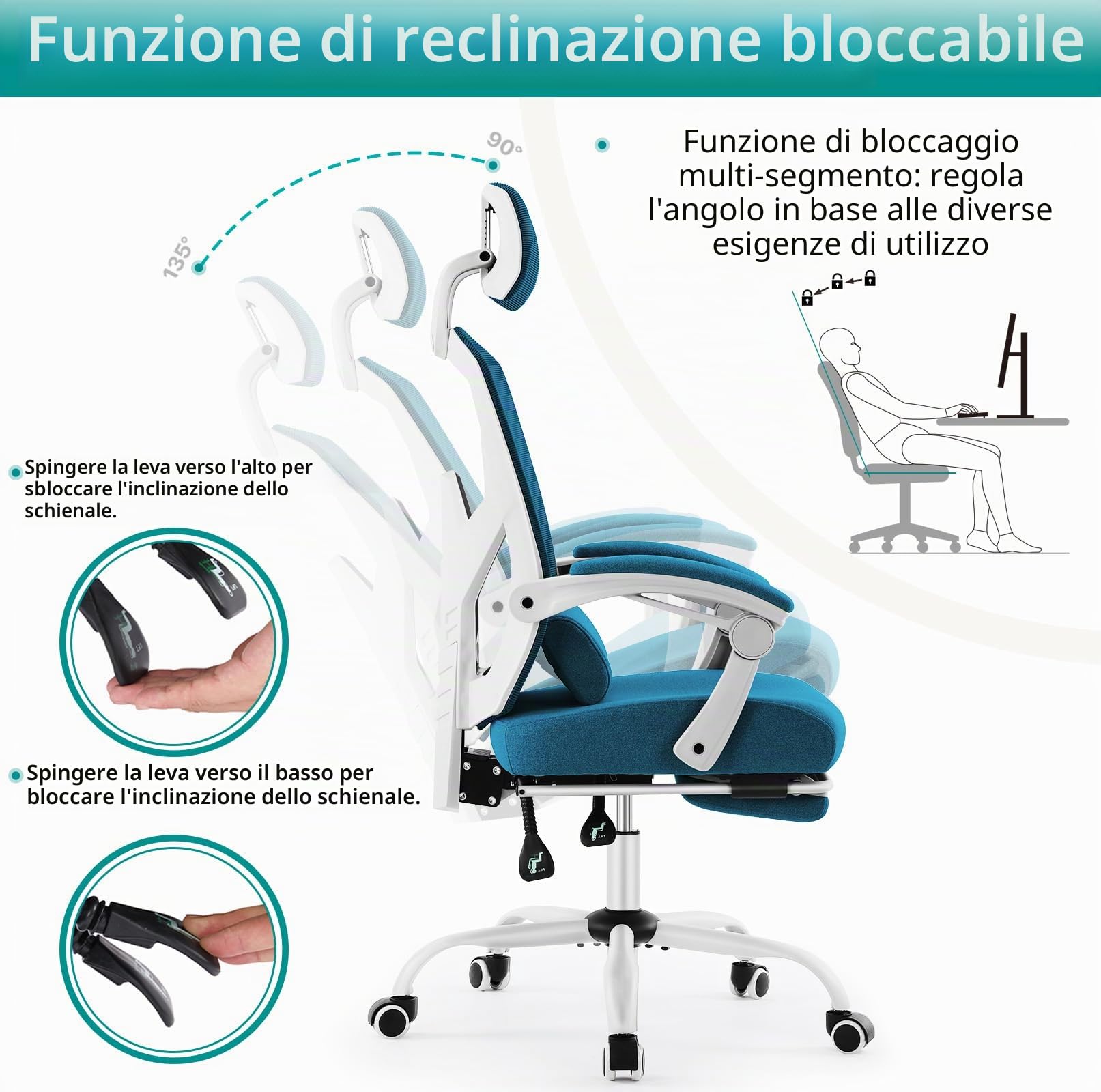 DUMOS Sedia da gaming, sedia da gioco per adulti, reclinabile, ergonomica, con poggiapiedi, sedia da scrivania per computer in rete, sedia per videogiochi con supporto lombare, poggiatesta, braccioli