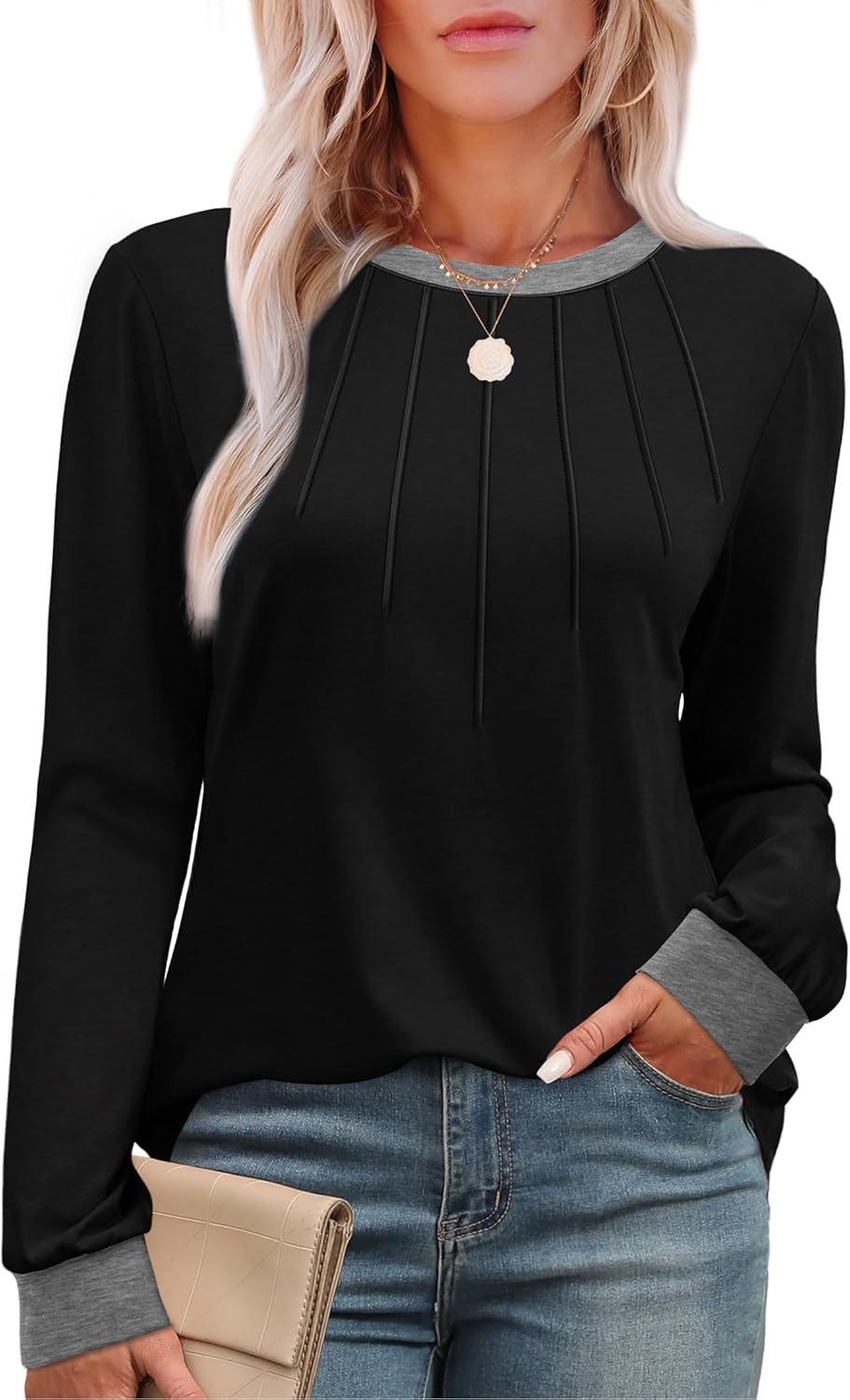 XIEERDUO Womens Long Sleeve Tops Color Block Casual Crewneck Tops Tshirt Basic Tee Fall Fashion Clothes Trendy Outfits - Image 2