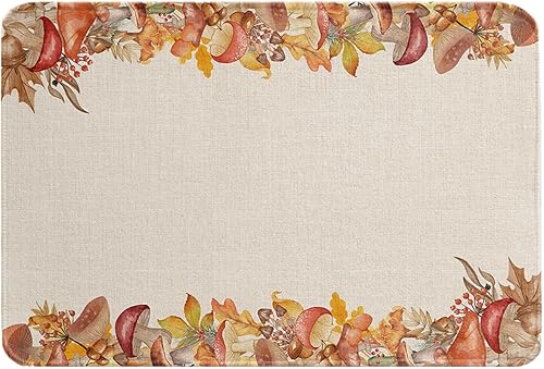 Bath Mat Fall Mushroom Maple Leaves Retro,Rubber Backing Kitchen Carpet Vintage Botanical,Durable Washable Entry Rugs for Bedroom Dining Room Front