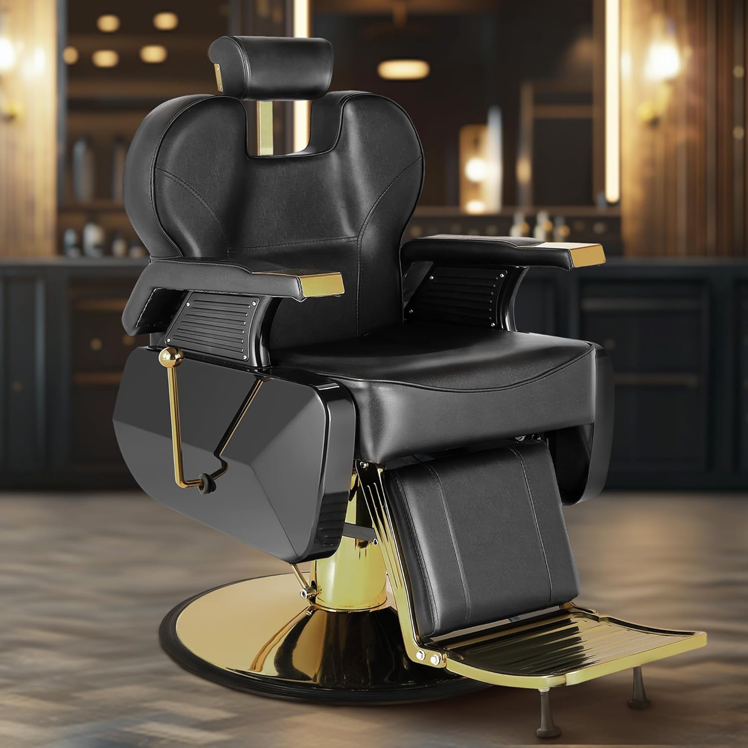Vintage Barbershop Barber Chair, 360° Swivel Hydraulic Reclining Salon Chair, Black and Gold Hair Stylist with Adjustable Headrest, Beauty Spa Equipment Tattoo Styling, Black and Gold