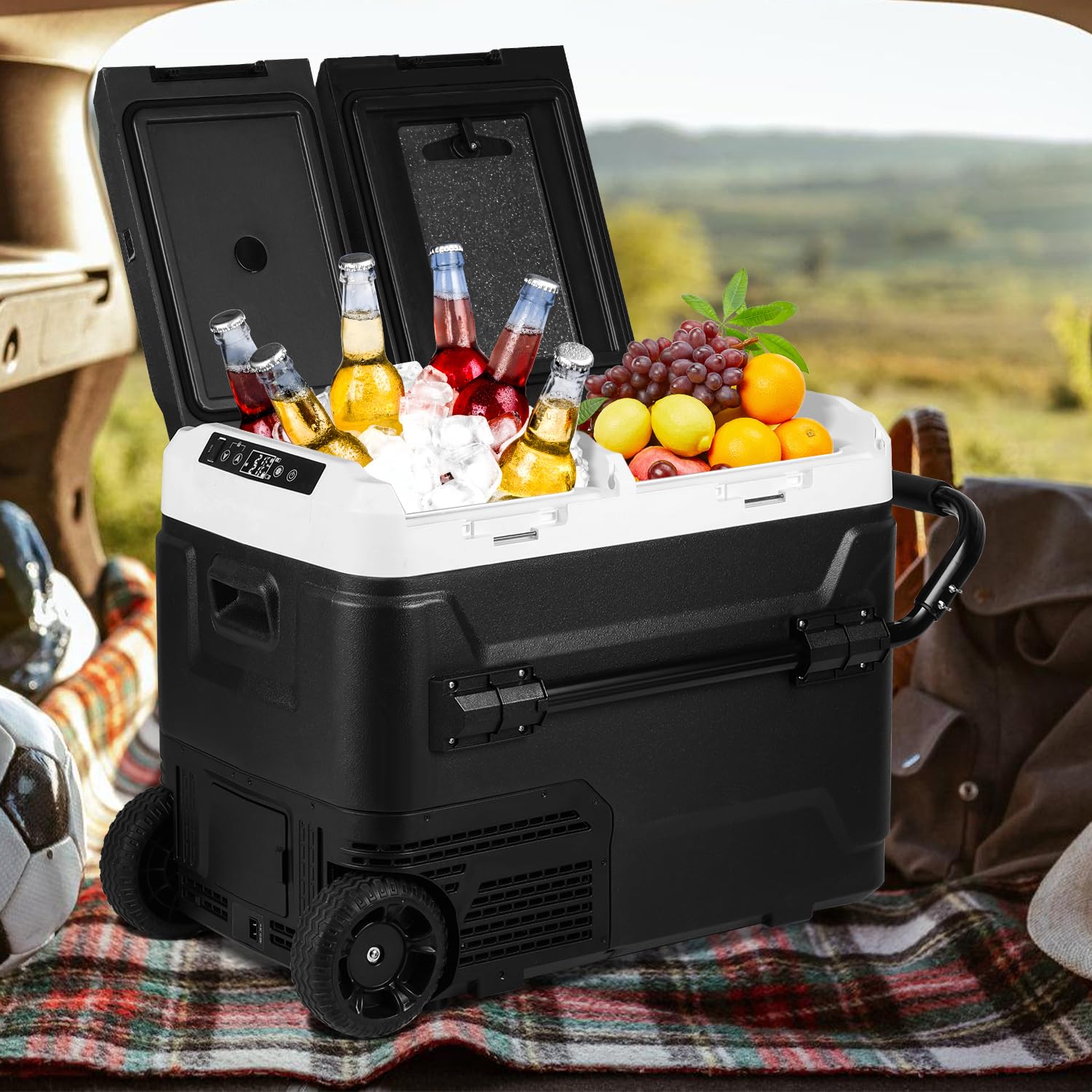 Kompressor Kühlbox 50L, Elektrisch Gefrierbox Zwei Zonen und Doppeltüren, Kühlbox 12 V/24 V bis -20 °C mit Bluetooth-Steuerung, Anti-Shake, Tragbar, für Camping, Reisemobil