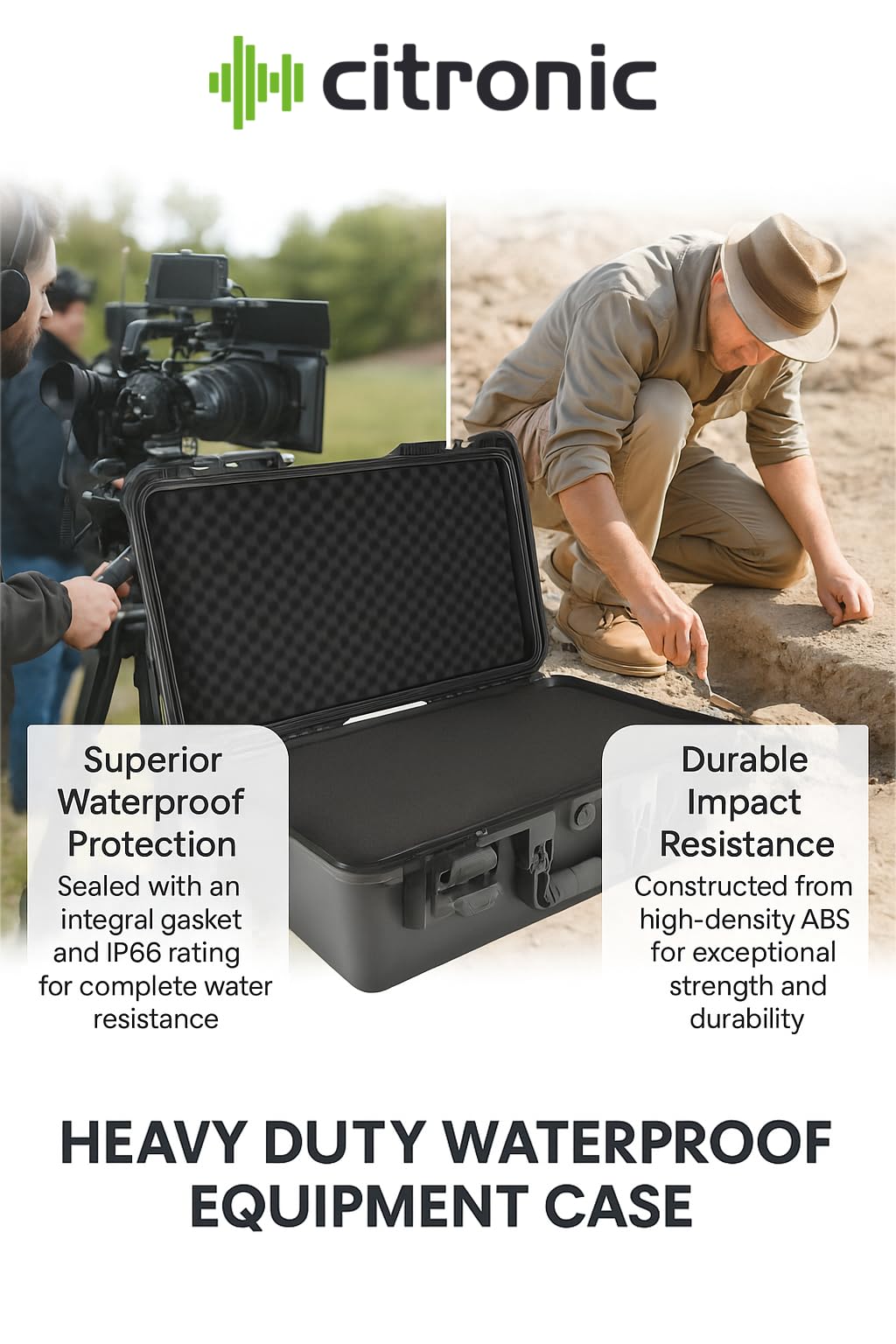 Citronic Caja de equipo resistente al agua, resistente a los impactos, clasificación IP66, interior de espuma, caja de almacenamiento resistente para herramientas, dimensiones internas (ancho x alto x