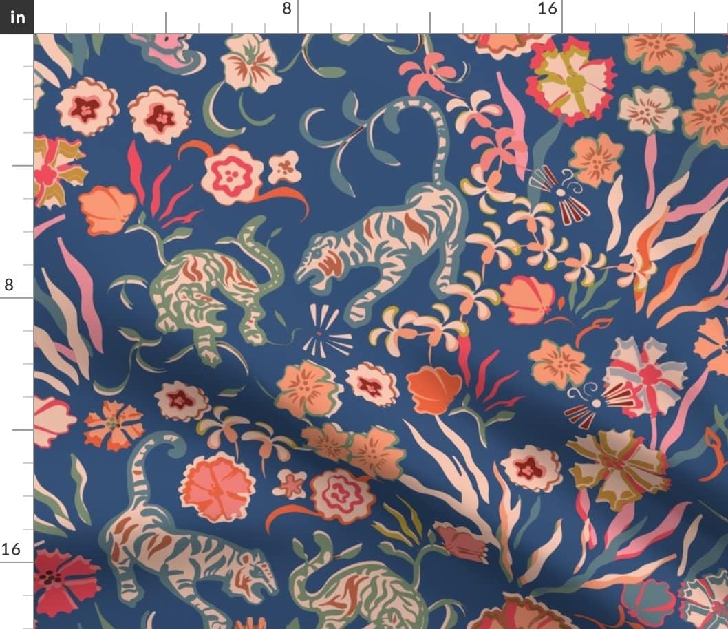 Spoonflower Fabric - Maximalist Tigers Modern Chinoiserie Boho Glam Blue Orange Year of The Printed on Petal Signature Cotton Fabric Fat Quarter - Sewing Quilting Apparel Crafts Decor