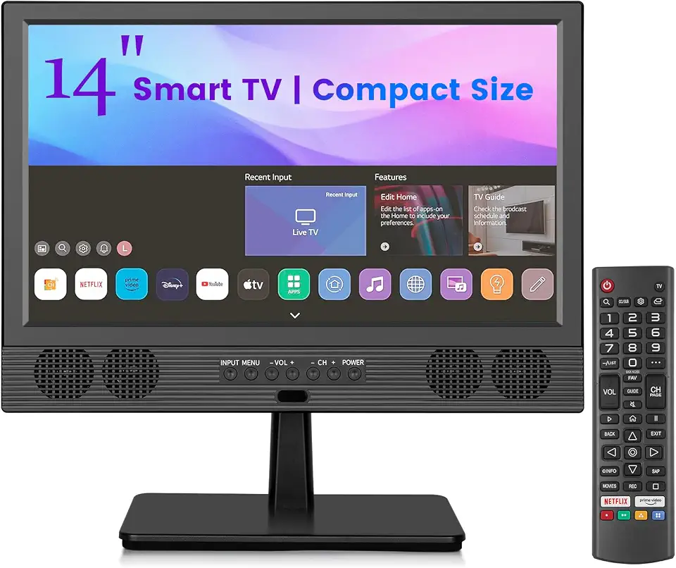 Feihe Smart TV pequena de 14 polegadas, Smart TV HD LED de tela plana com sintonizador ATSC/HDMI/USB/AV para cozinha, trailer, acampamento, quarto ou uso em viagens
