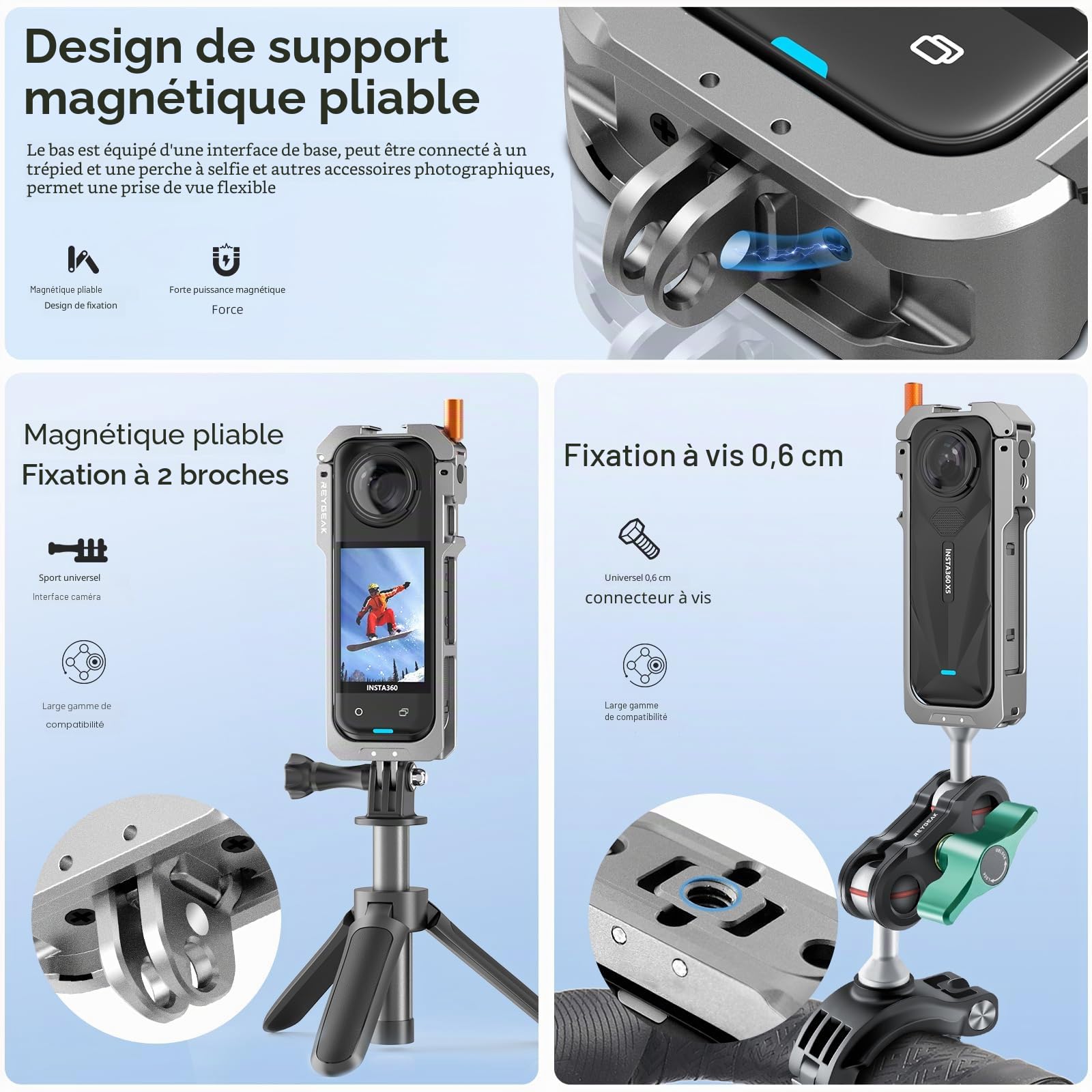 REYGEAK pour Insta360 X5 Cadre d'utilité,Cage de caméra en Aluminium pour Insta360 X5,Boîtier Protecteur avec Couvercle de lentille en Silicone,Boîtier Protecteur avec 1/4 Fil Doits pliants