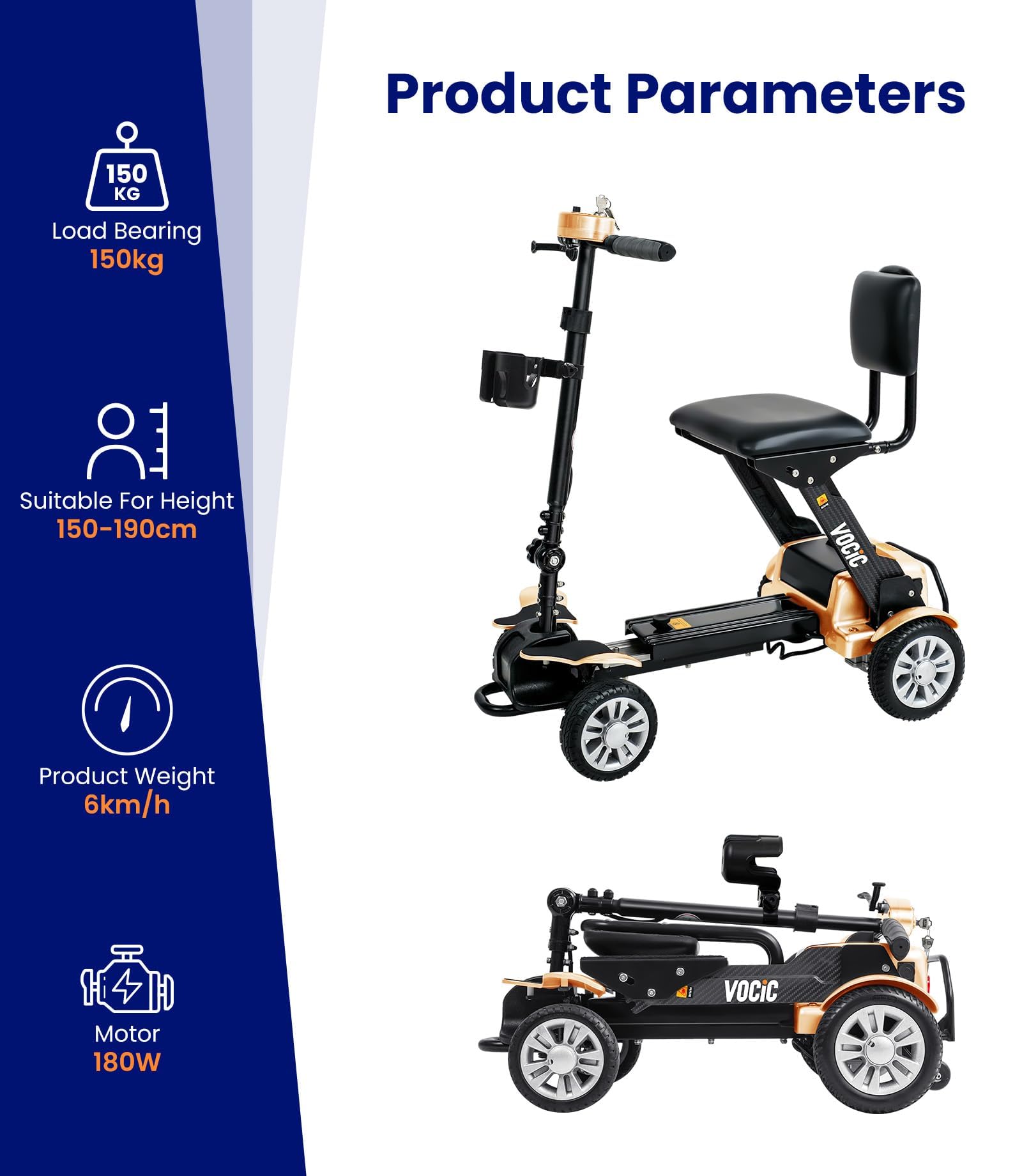 VOCIC D71 Scooter électrique Pliable et léger pour Les Personnes âgées | 21 kg fibre de carbone, avec cadre réglable en longueur jusqu'à 150 kg, pliable, certification avion 20 KM, 5 ans orange