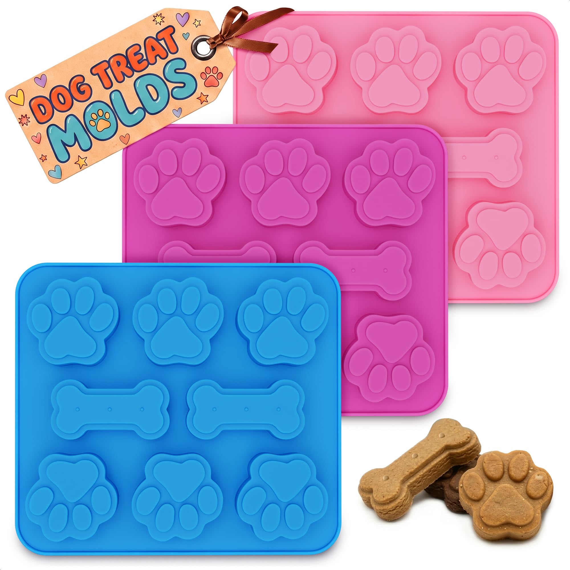 3 Pcs Dog Treat Molds Silicone, Bone &amp; Paw Shapes, Non-Stick