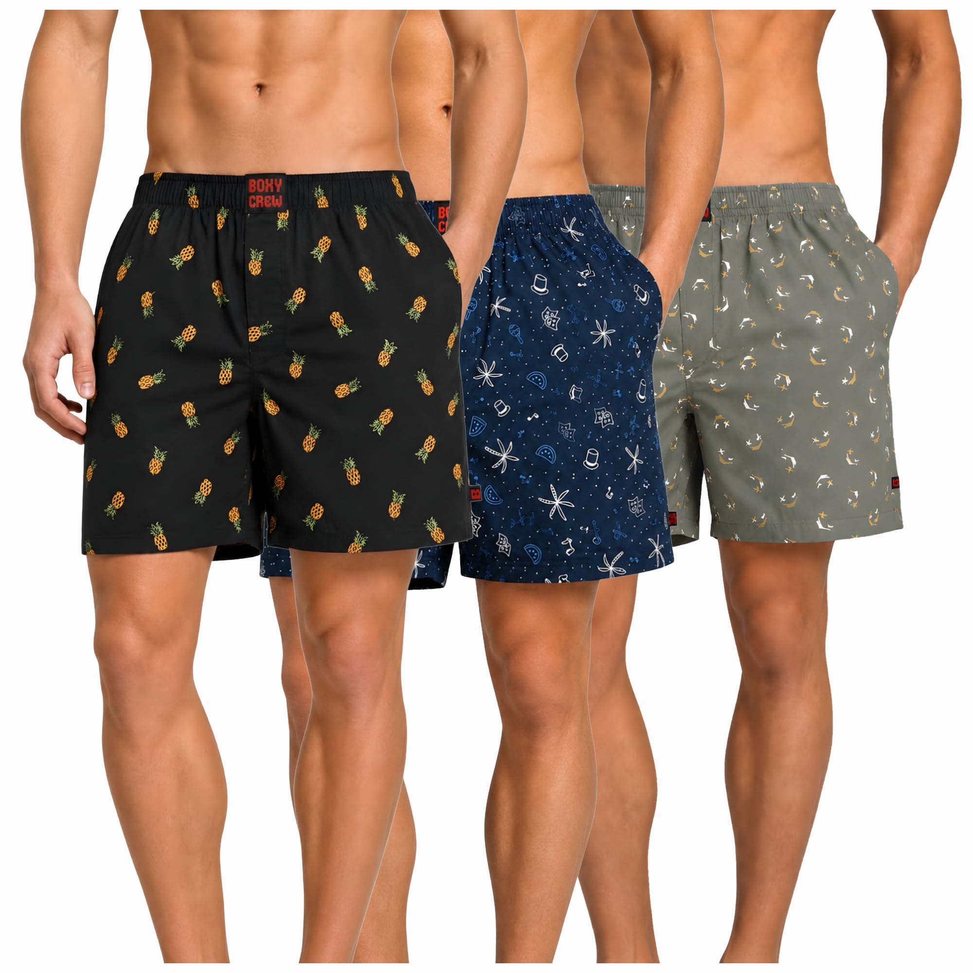 Men's 100% Cotton Boxer Shorts Pack of 3, Charcoal, Navy Blue & Green | Woven Boxers with Side Pockets, No-Marks Elastic Waistband, Breathable Relaxed Fit | Style 004-007-008-image-4