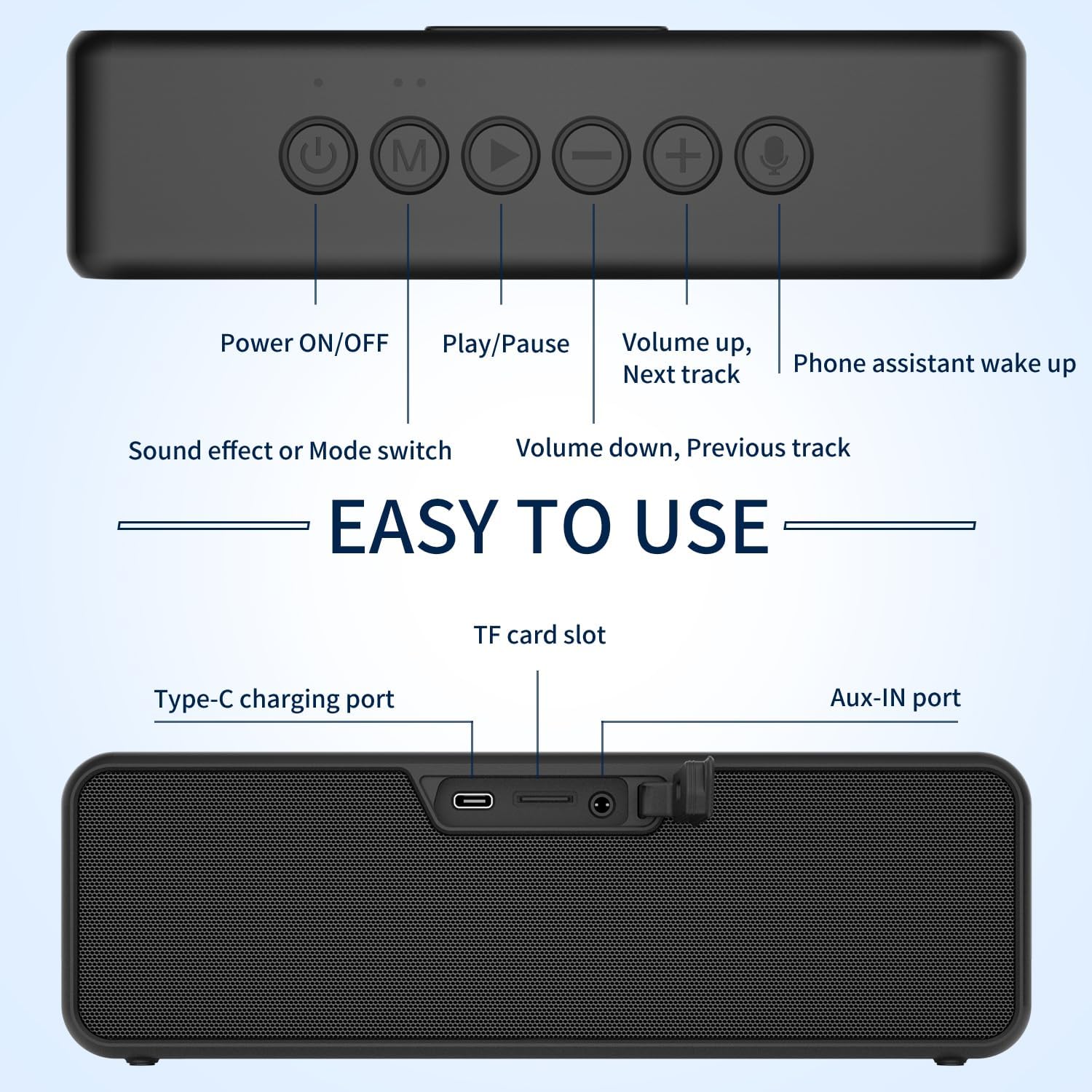 Diagram showing the top and rear controls of the BOGASING M6 speaker.