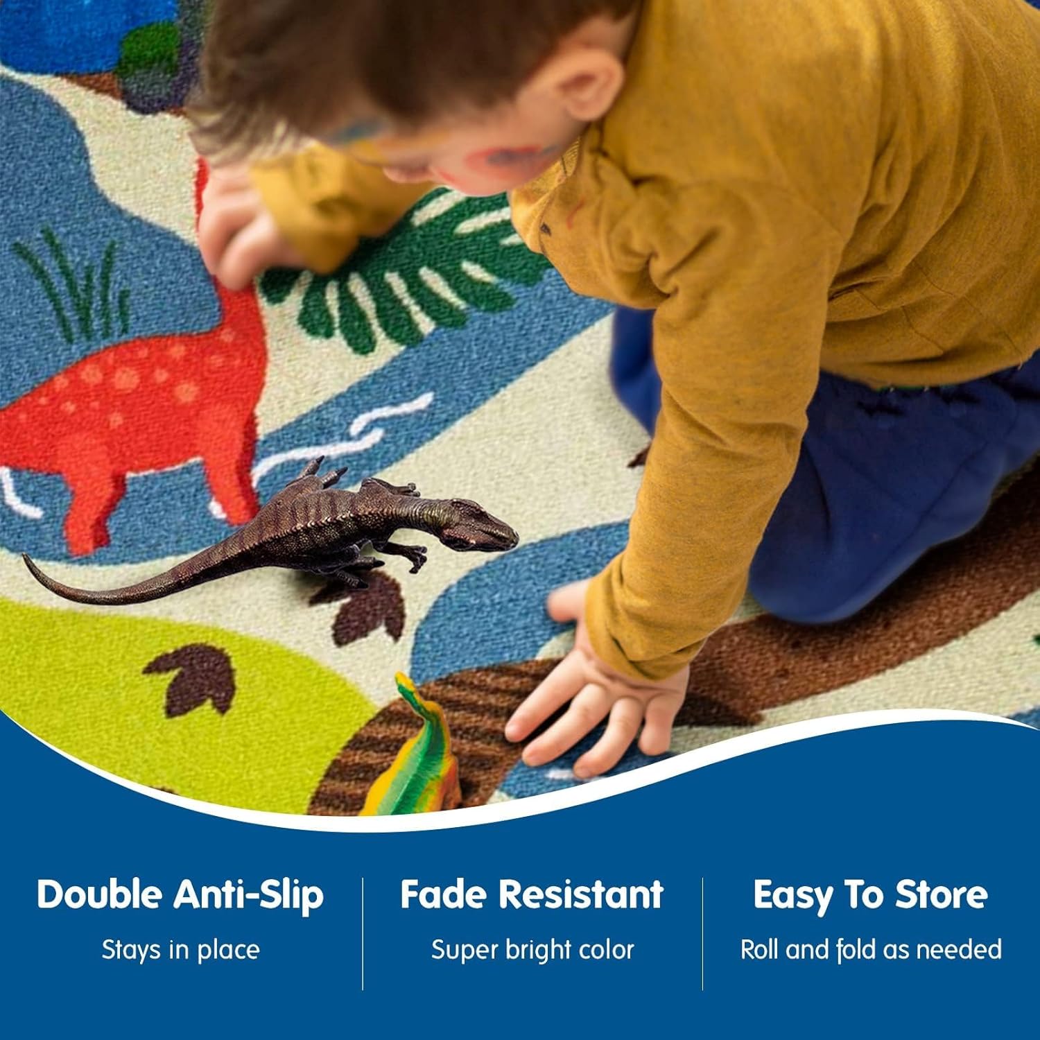 Booooom Jackson Large Dinosaur Rug,Prehistoric Dinosaur Adventure Play Rug - Polyester with Non-Slip Latex Backing Dinosaur Play Mat,Dinosaur Land Mat,Dinosaur Carpet,Dinosaur Area Rug for Kids Room