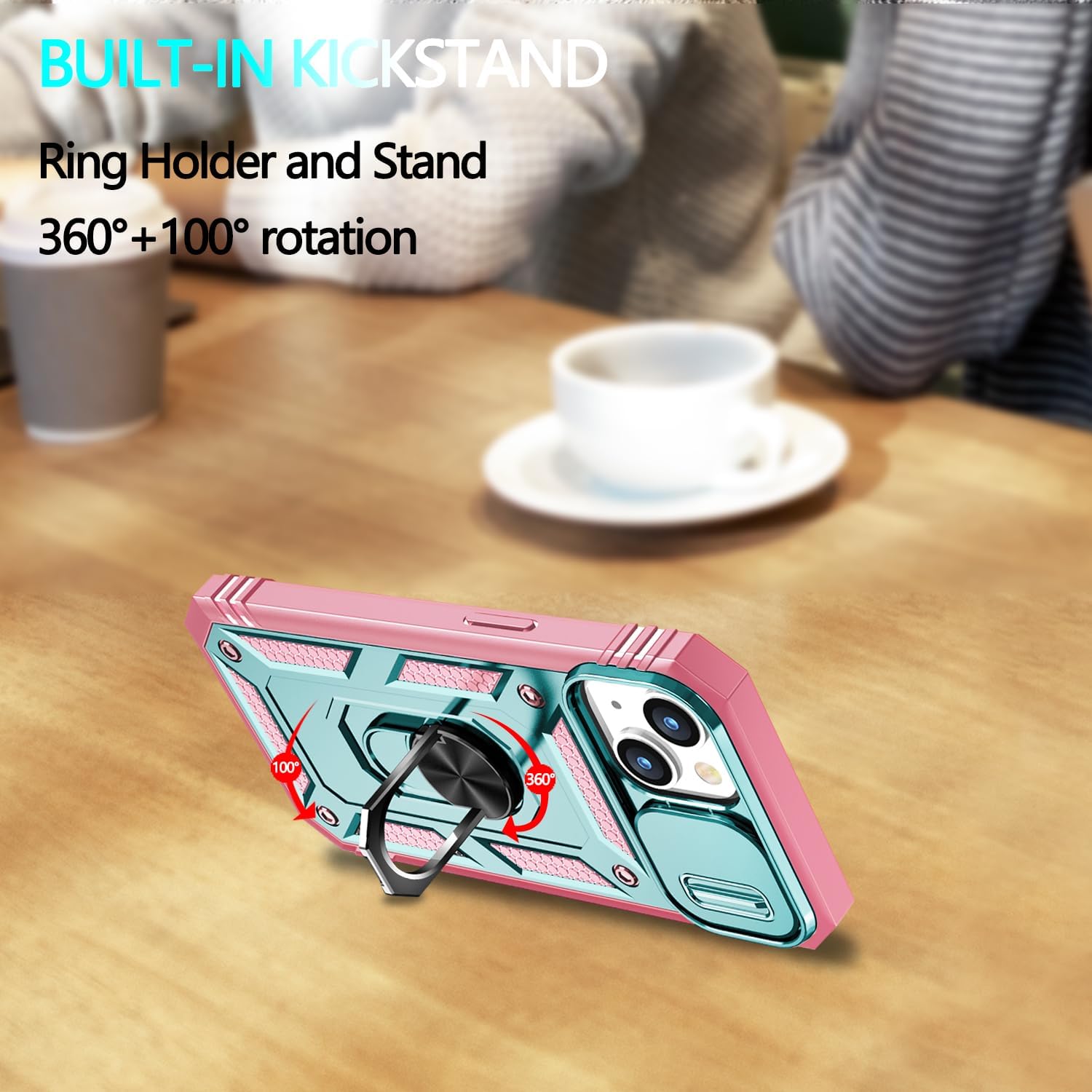 Case for iPhone 14, for iPhone 13 Case with 3 Pcs Tempered Glass Screen Protector Built in Ring Stand Kickstand + Camera Cover, Hard PC Soft TPU Defender Full Body Protective Armor Cover - Green/Pink - Image 5