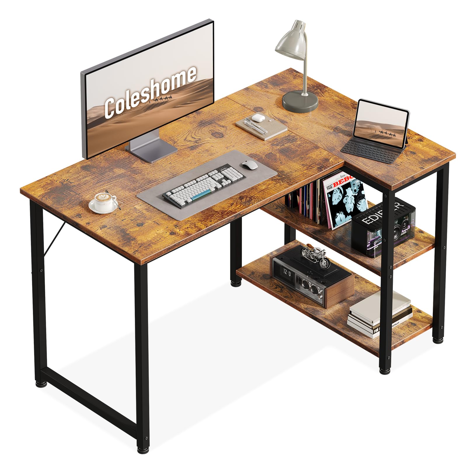 Coleshome Gaming Tisch mit Umkehrbaren Regalen, Eckschreibtisch Computer Tisch für das Homeoffice