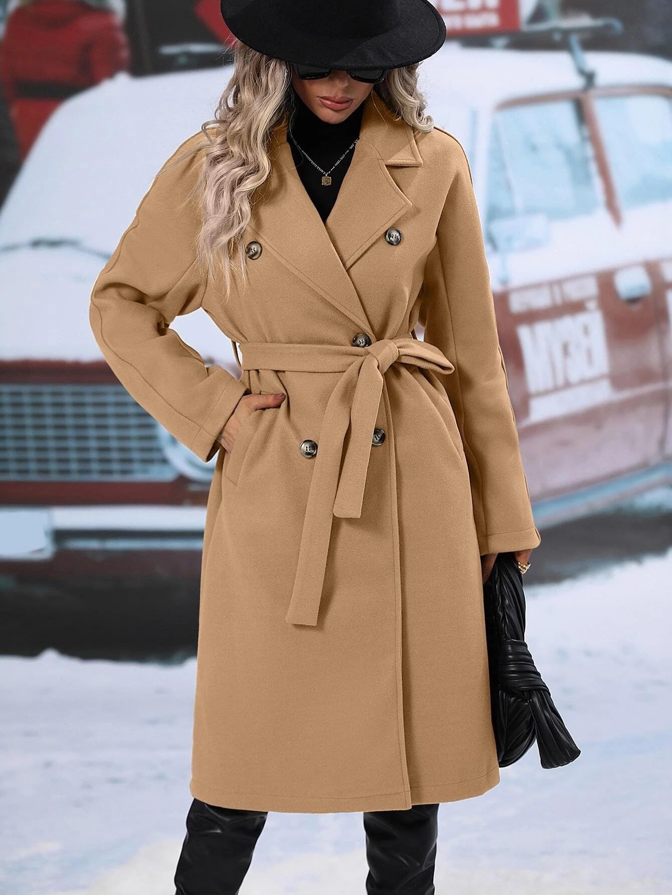 Cappotto lungo da donna in lana con risvolto dentellato Trench doppiopetto Cappotto invernale caldo con cintura